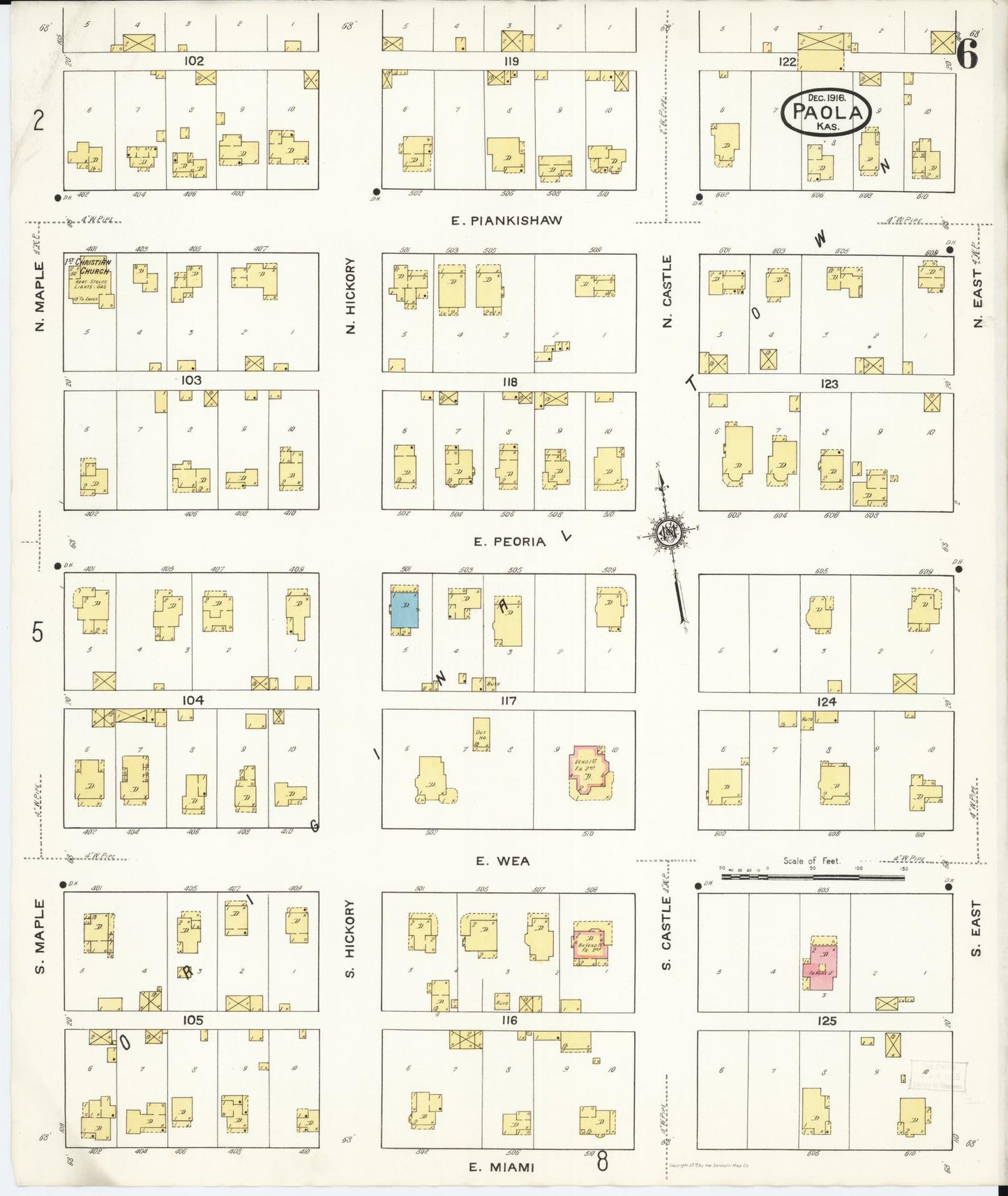 Sanborn Fire Insurance Map from Paola, Miami County, Kansas (1916), Sheet #0006 - Historic Sanborn Fire Insurance Map Print, vintage old map wall art, antique decor, genealogy gift, Kansas Kansas map