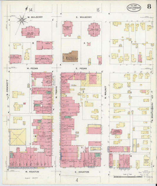 Sanborn Fire Insurance Map from Sherman, Grayson County, Texas (1908), Sheet #0008 - Historic Sanborn Fire Insurance Map Print, vintage old map wall art, antique decor, genealogy gift, Texas Texas map