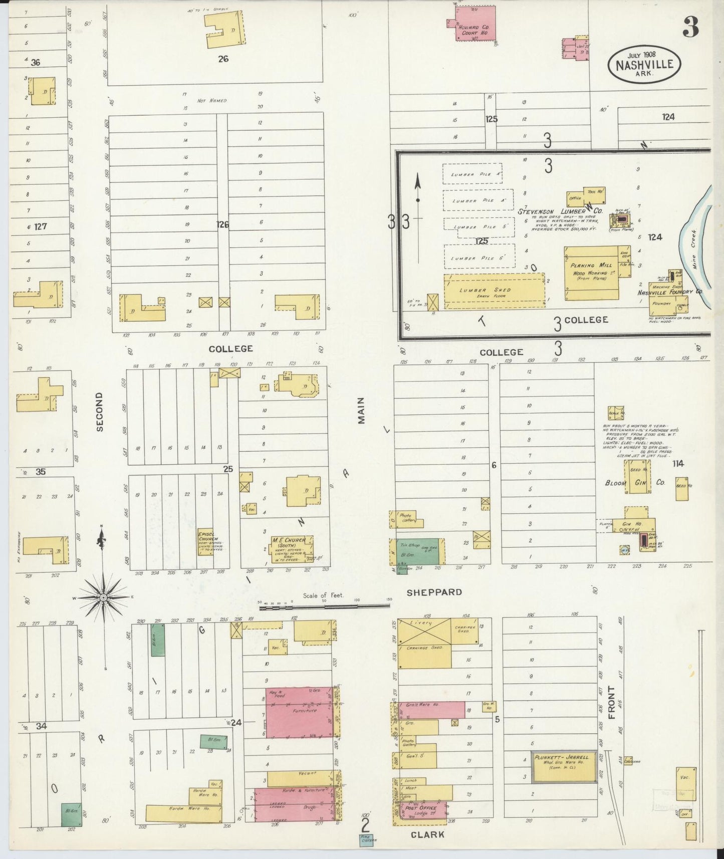 Sanborn Fire Insurance Map from Nashville, Howard County, Arkansas (1908), Sheet #0003 - Complete Map Set gallery image, historic Sanborn map, vintage wall art, Arkansas Arkansas