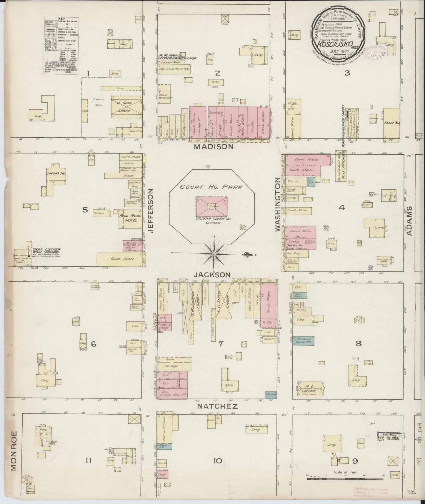 Sanborn Fire Insurance Map from Kosciusko, Attala County, Mississippi (1886), Sheet #0001 - Historic Sanborn Fire Insurance Map Print, vintage old map wall art, antique decor, genealogy gift, Mississippi Mississippi map