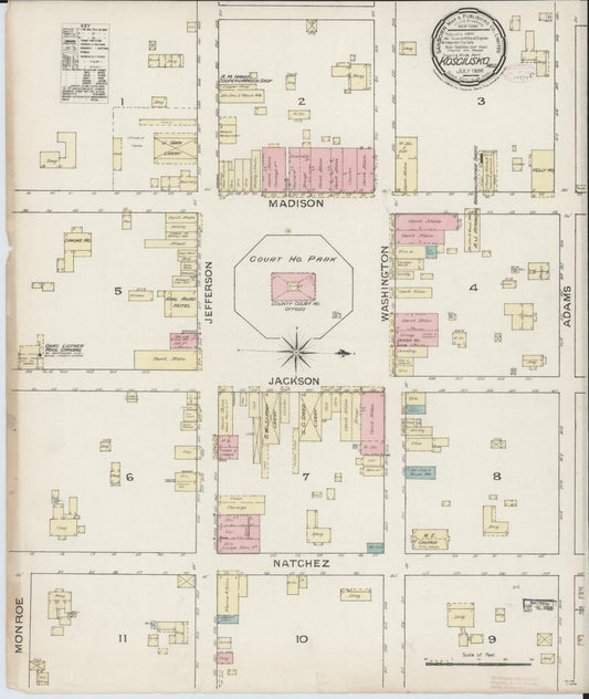 Sanborn Fire Insurance Map from Kosciusko, Attala County, Mississippi (1886), Sheet #0001 - Historic Sanborn Fire Insurance Map Print, vintage old map wall art, antique decor, genealogy gift, Mississippi Mississippi map