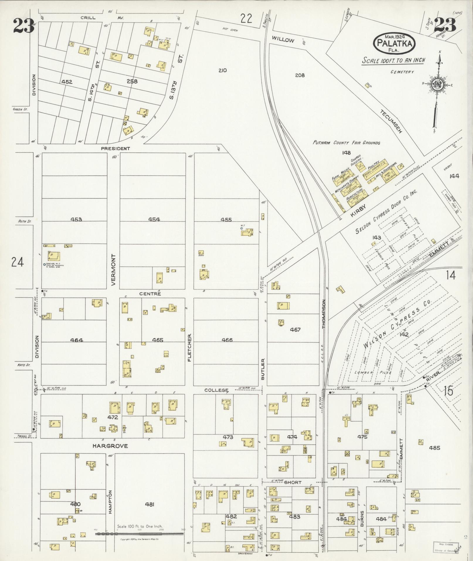 Sanborn Fire Insurance Map from Palatka, Putnam County, Florida (1924), Sheet #0023 - Historic Sanborn Fire Insurance Map Print, vintage old map wall art, antique decor, genealogy gift, Florida Florida map