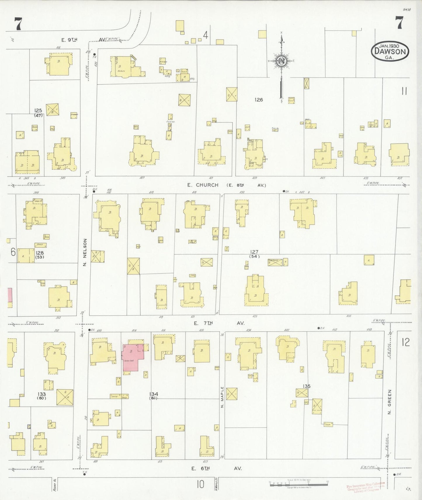 Sanborn Fire Insurance Map from Dawson, Terrell County, Georgia (1930), Sheet #0007 - Historic Sanborn Fire Insurance Map Print, vintage old map wall art, antique decor, genealogy gift, Georgia Georgia map