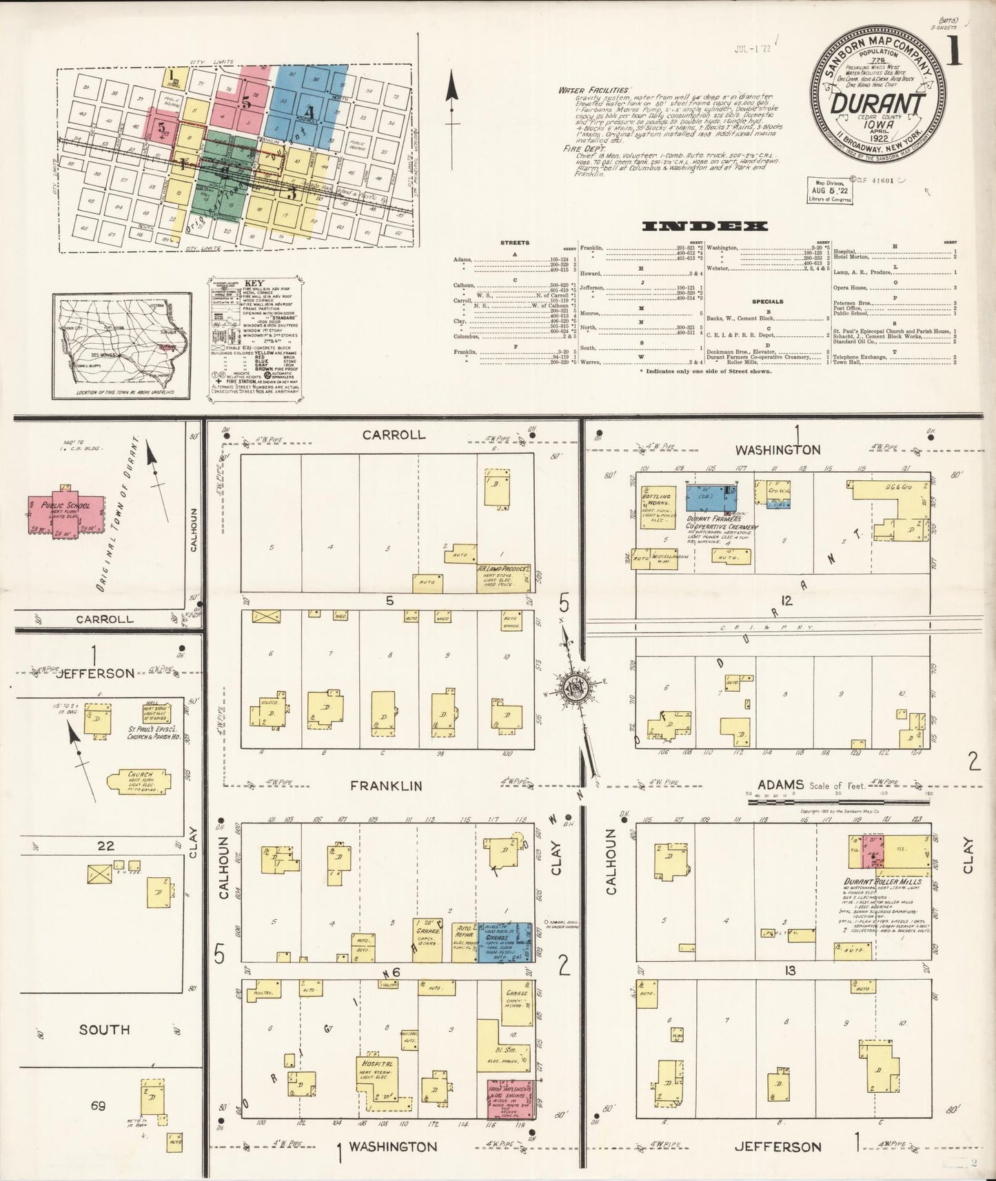 Sanborn Fire Insurance Map from Durant, Cedar County, Iowa (1922), Sheet #0001 - Historic Sanborn Fire Insurance Map Print, vintage old map wall art