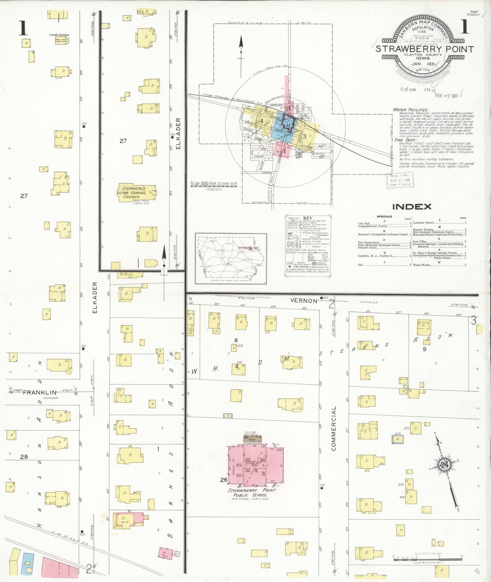 Sanborn Fire Insurance Map from Strawberry Point, Clayton County, Iowa (1931), Sheet #0001 - Historic Sanborn Fire Insurance Map Print