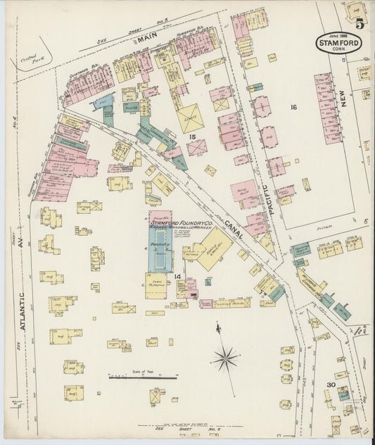 Sanborn Fire Insurance Map from Stamford, Fairfield County, Connecticut (1888), Sheet #0005 - Historic Sanborn Fire Insurance Map Print, vintage old map wall art, antique decor, genealogy gift, Connecticut Connecticut map