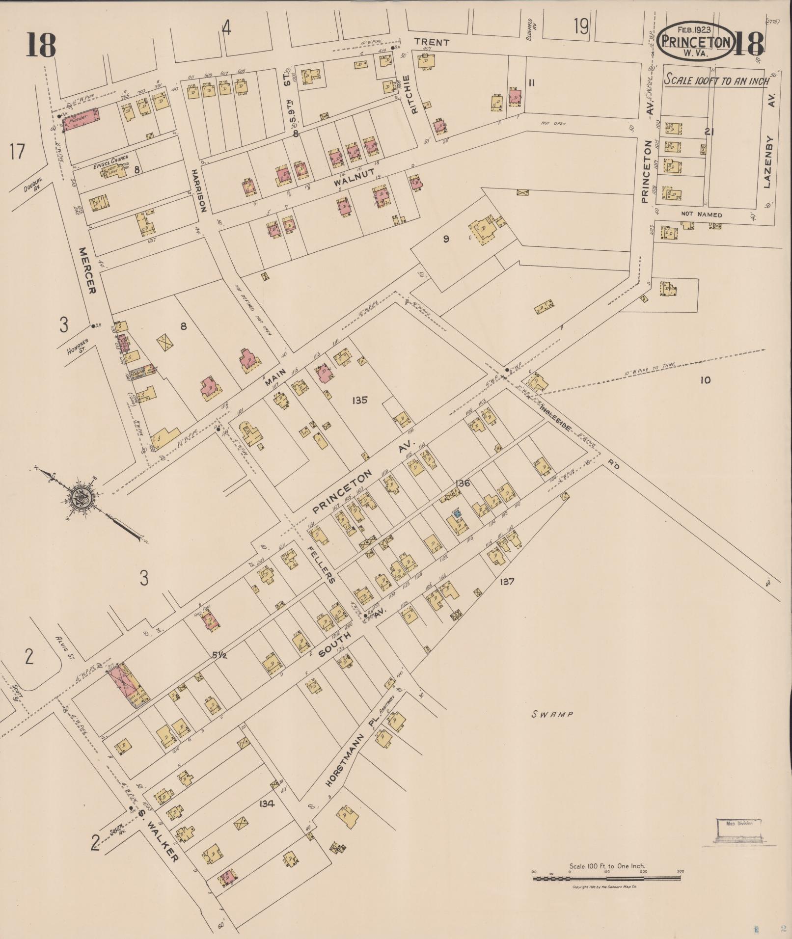 Sanborn Fire Insurance Map from Princeton, Mercer County, West Virginia (1923), Sheet #0018 - Complete Map Set gallery image, historic Sanborn map, vintage wall art, West Virginia West Virginia