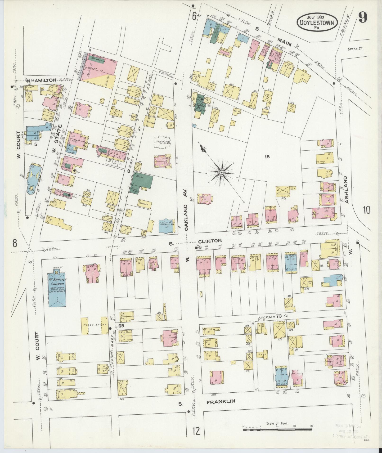 Sanborn Fire Insurance Map from Doylestown, Bucks County, Pennsylvania (1909), Sheet #0009 - Historic Sanborn Fire Insurance Map Print, vintage old map wall art, antique decor, genealogy gift, Pennsylvania Pennsylvania map