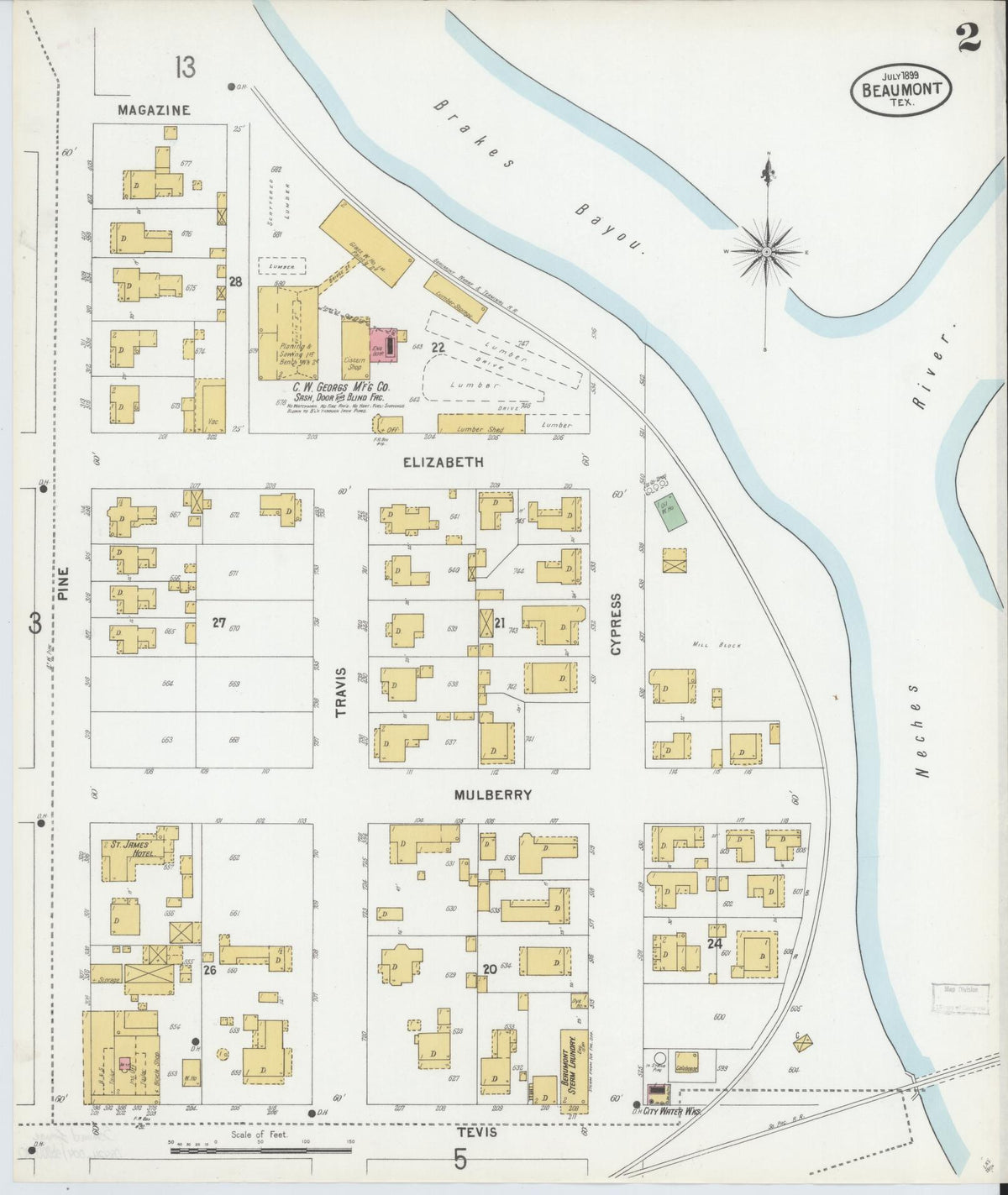 Sanborn Fire Insurance Map from Beaumont, Jefferson County, Texas (1899), Sheet #0002 - Complete Map Set gallery image, historic Sanborn map, vintage wall art, Texas Texas