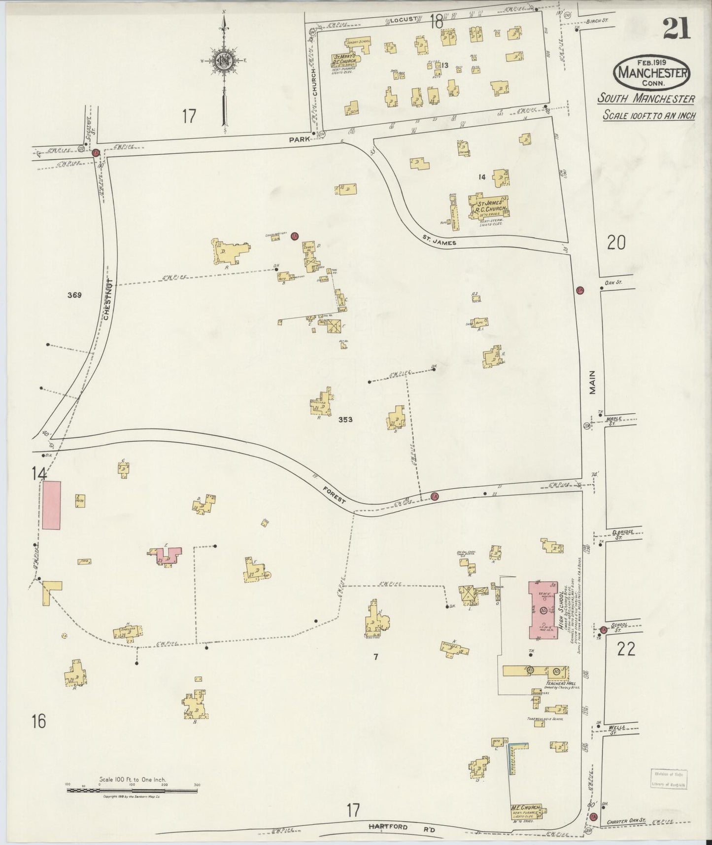 Sanborn Fire Insurance Map from Manchester, Hartford County, Connecticut (1919), Sheet #0021 - Complete Map Set gallery image, historic Sanborn map, vintage wall art, Connecticut Connecticut