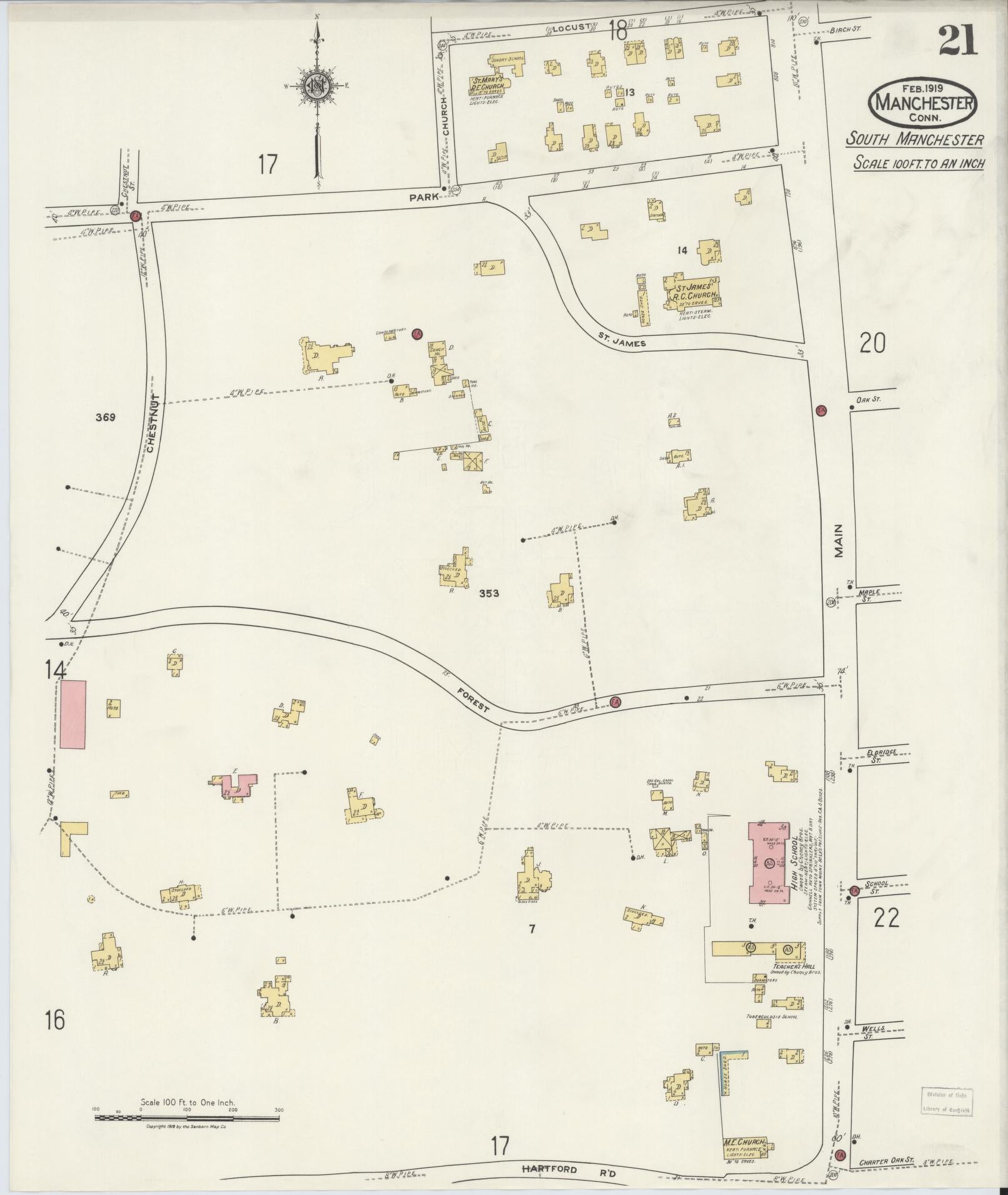 Sanborn Fire Insurance Map from Manchester, Hartford County, Connecticut (1919), Sheet #0021 - Complete Map Set gallery image, historic Sanborn map, vintage wall art, Connecticut Connecticut