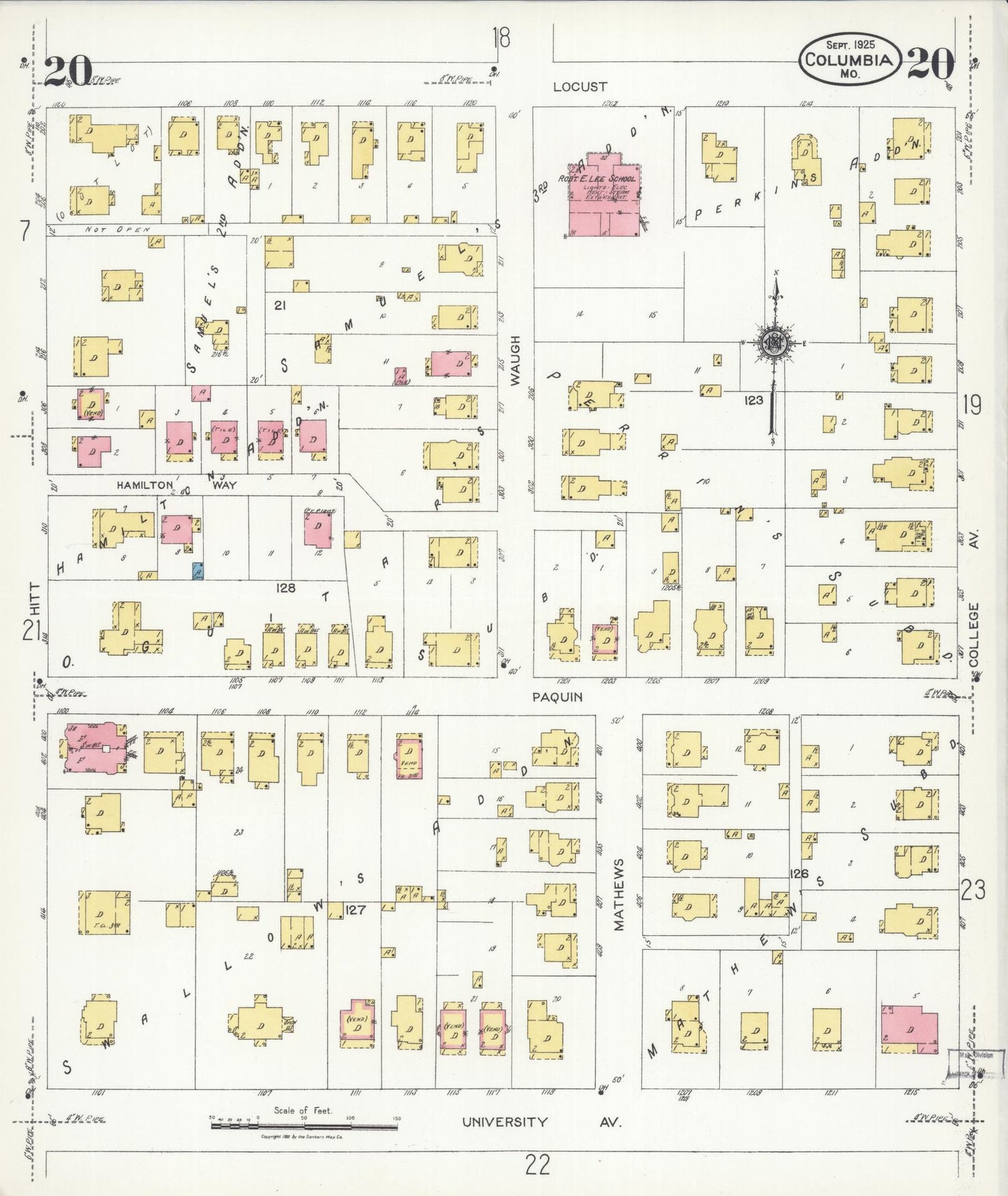 Sanborn Fire Insurance Map from Columbia, Boone County, Missouri (1925), Sheet #0020 - Complete Map Set gallery image, historic Sanborn map, vintage wall art, Missouri Missouri