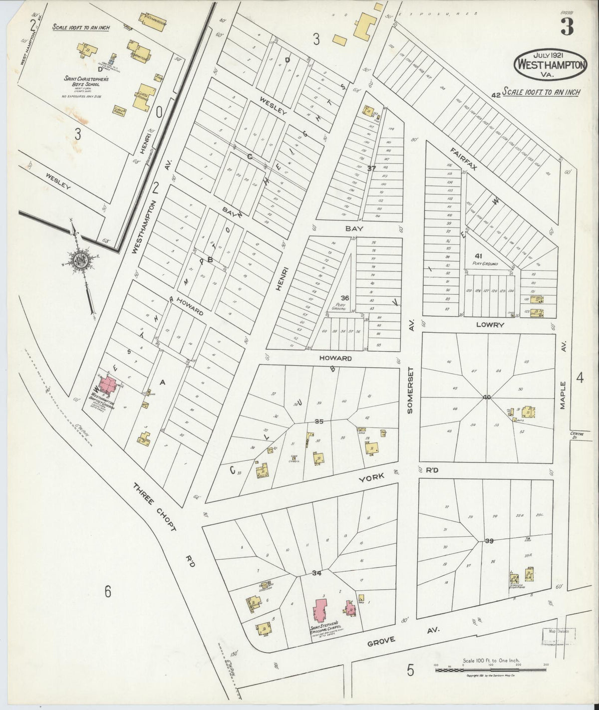 Sanborn Fire Insurance Map from Westhampton, Henrico County, Virginia (1921), Sheet #0003 - Complete Map Set gallery image, historic Sanborn map, vintage wall art, Virginia Virginia
