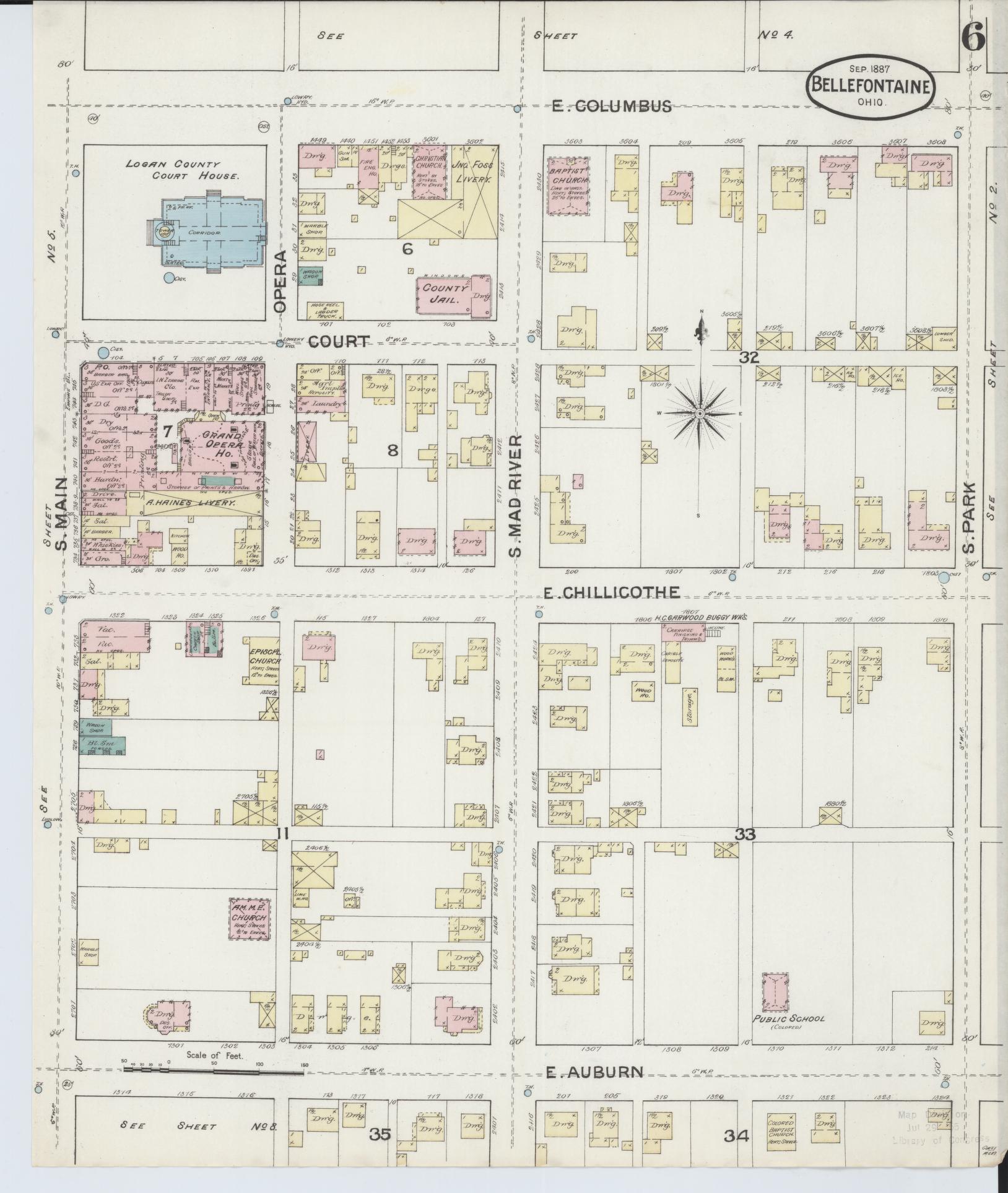 Sanborn Fire Insurance Map from Bellefontaine, Logan County, Ohio (1887), Sheet #0006 - Historic Sanborn Fire Insurance Map Print, vintage old map wall art, antique decor, genealogy gift, Ohio Ohio map