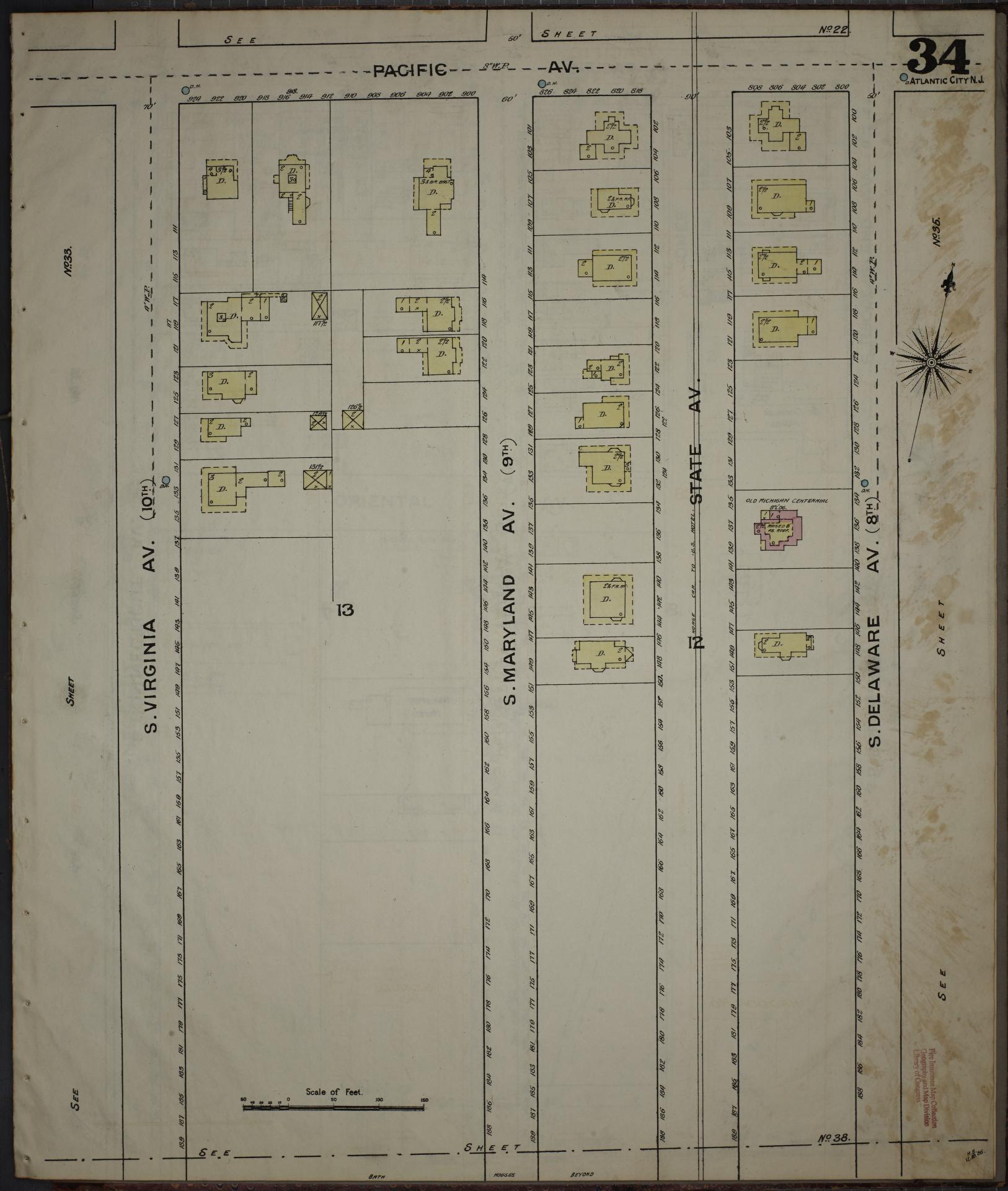 Sanborn Fire Insurance Map from Atlantic City, Atlantic County, New Jersey (1886), Sheet #0034 - Complete Map Set gallery image, historic Sanborn map, vintage wall art, New Jersey New Jersey