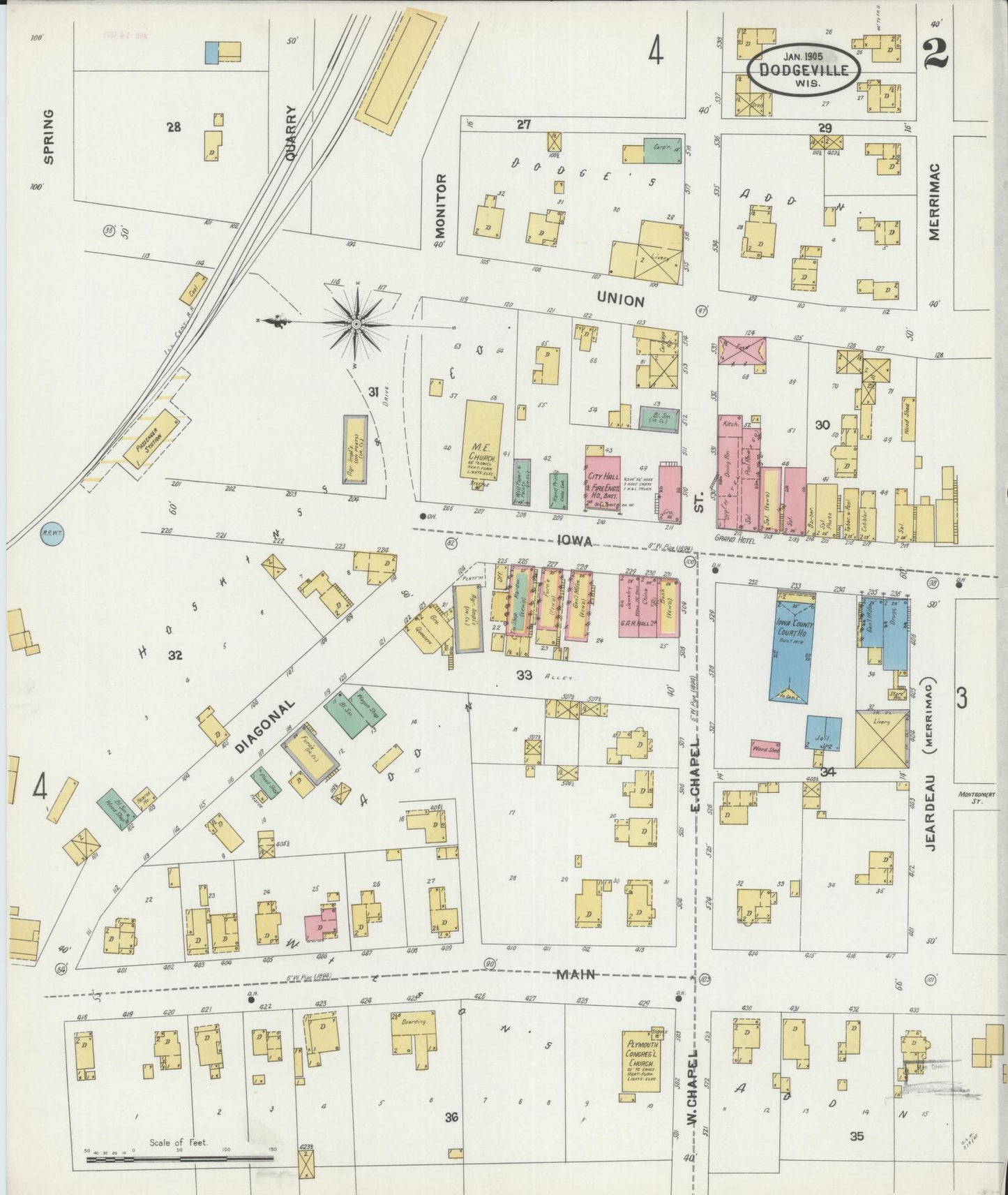 Sanborn Fire Insurance Map from Dodgeville, Iowa County, Wisconsin (1905), Sheet #0002 - Complete Map Set gallery image, historic Sanborn map, vintage wall art, Wisconsin Wisconsin
