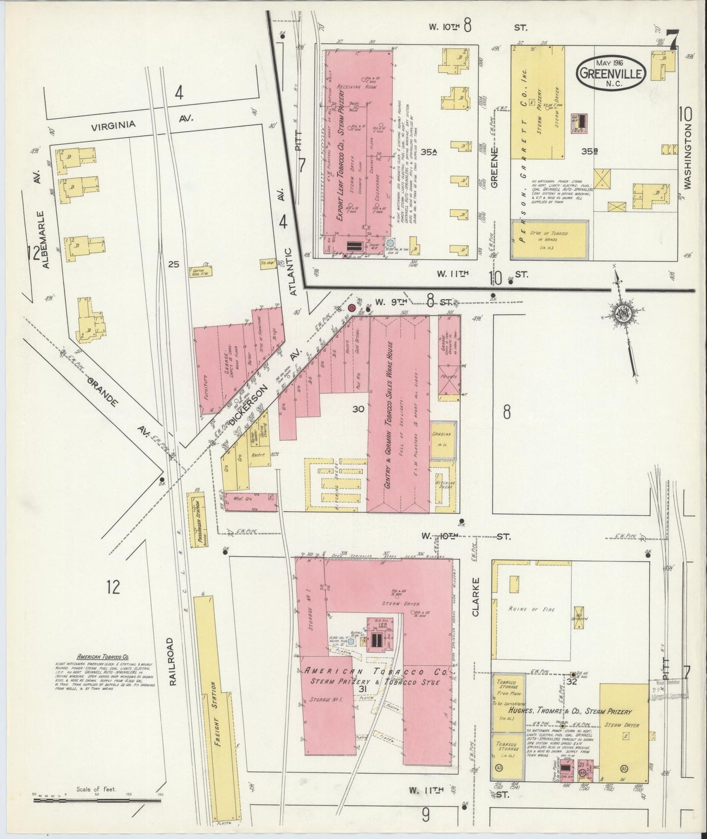 Sanborn Fire Insurance Map from Greenville, Pitt County, North Carolina (1916), Sheet #0007 - Historic Sanborn Fire Insurance Map Print, vintage old map wall art, antique decor, genealogy gift, North Carolina North Carolina map