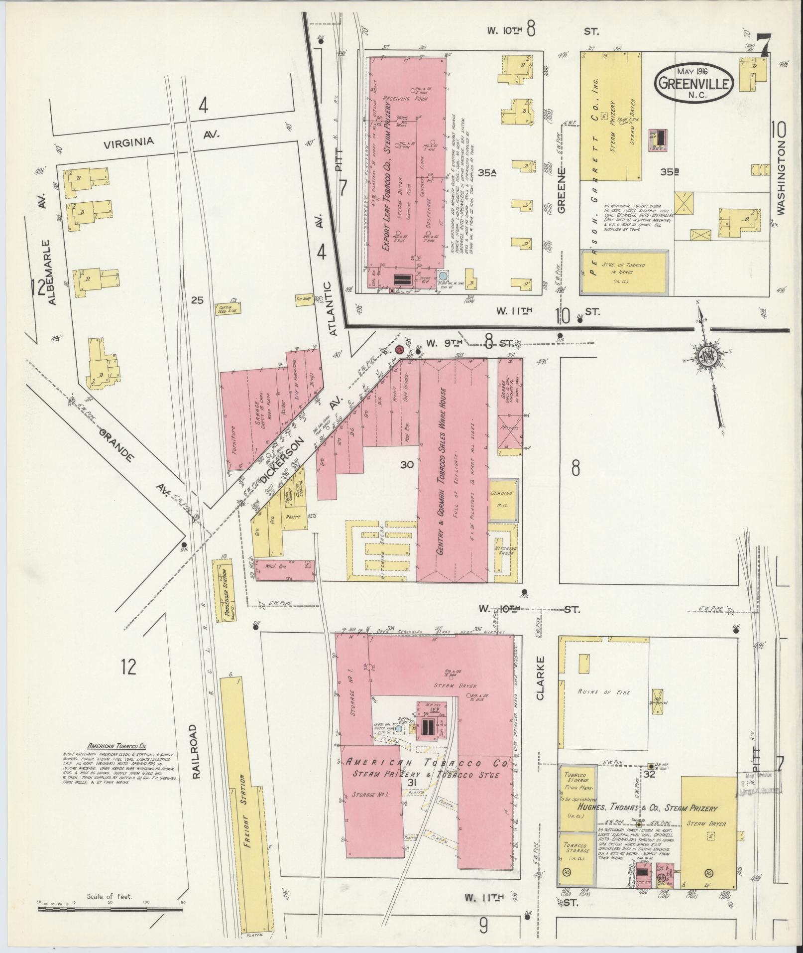 Sanborn Fire Insurance Map from Greenville, Pitt County, North Carolina (1916), Sheet #0007 - Historic Sanborn Fire Insurance Map Print, vintage old map wall art, antique decor, genealogy gift, North Carolina North Carolina map