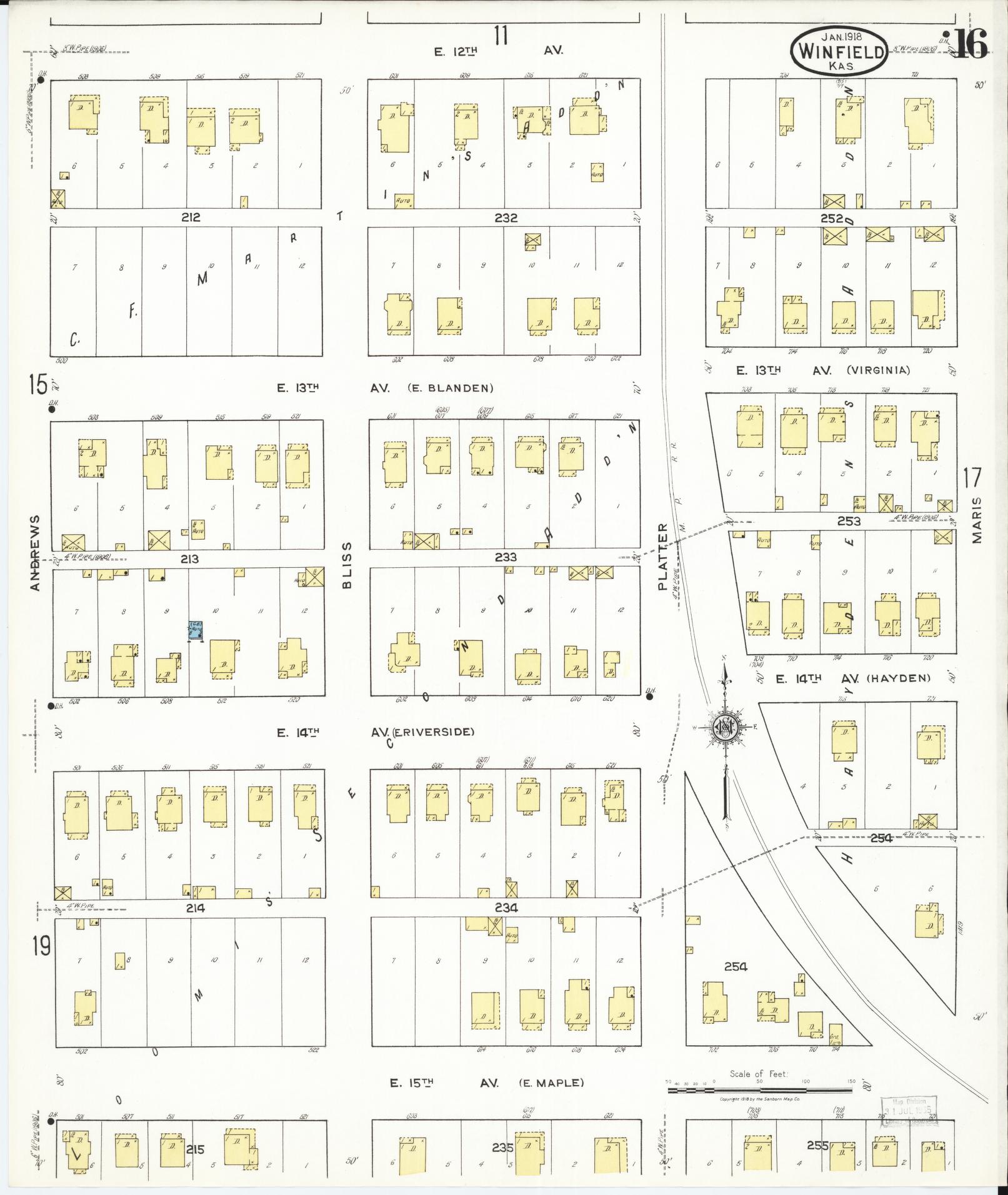 Sanborn Fire Insurance Map from Winfield, Cowley County, Kansas (1918), Sheet #0016 - Historic Sanborn Fire Insurance Map Print, vintage old map wall art, antique decor, genealogy gift, Kansas Kansas map