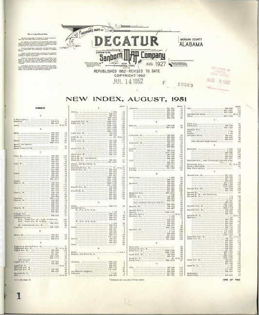 Sanborn Fire Insurance Map from Decatur, Morgan County, Alabama (1952), Sheet #0001 - Historic Sanborn Fire Insurance Map Print, vintage old map wall art, antique decor, genealogy gift, Alabama Alabama map