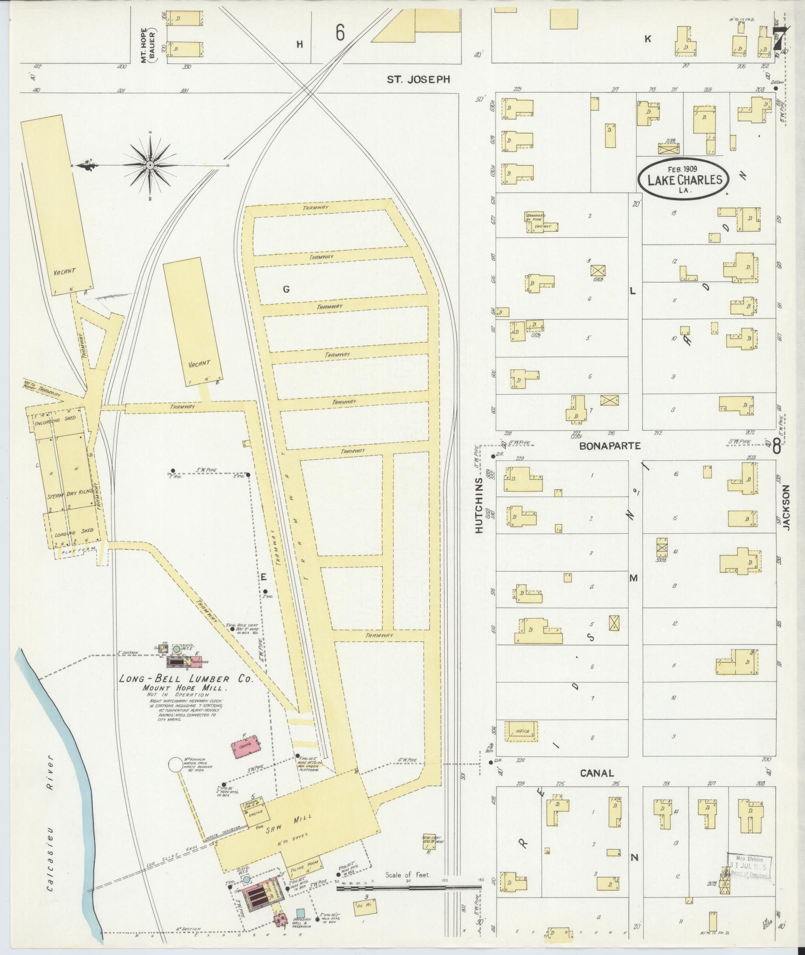Sanborn Fire Insurance Map from Lake Charles, Calcasieu Parish, Louisiana (1909), Sheet #0007 - Complete Map Set gallery image, historic Sanborn map, vintage wall art, Louisiana Louisiana