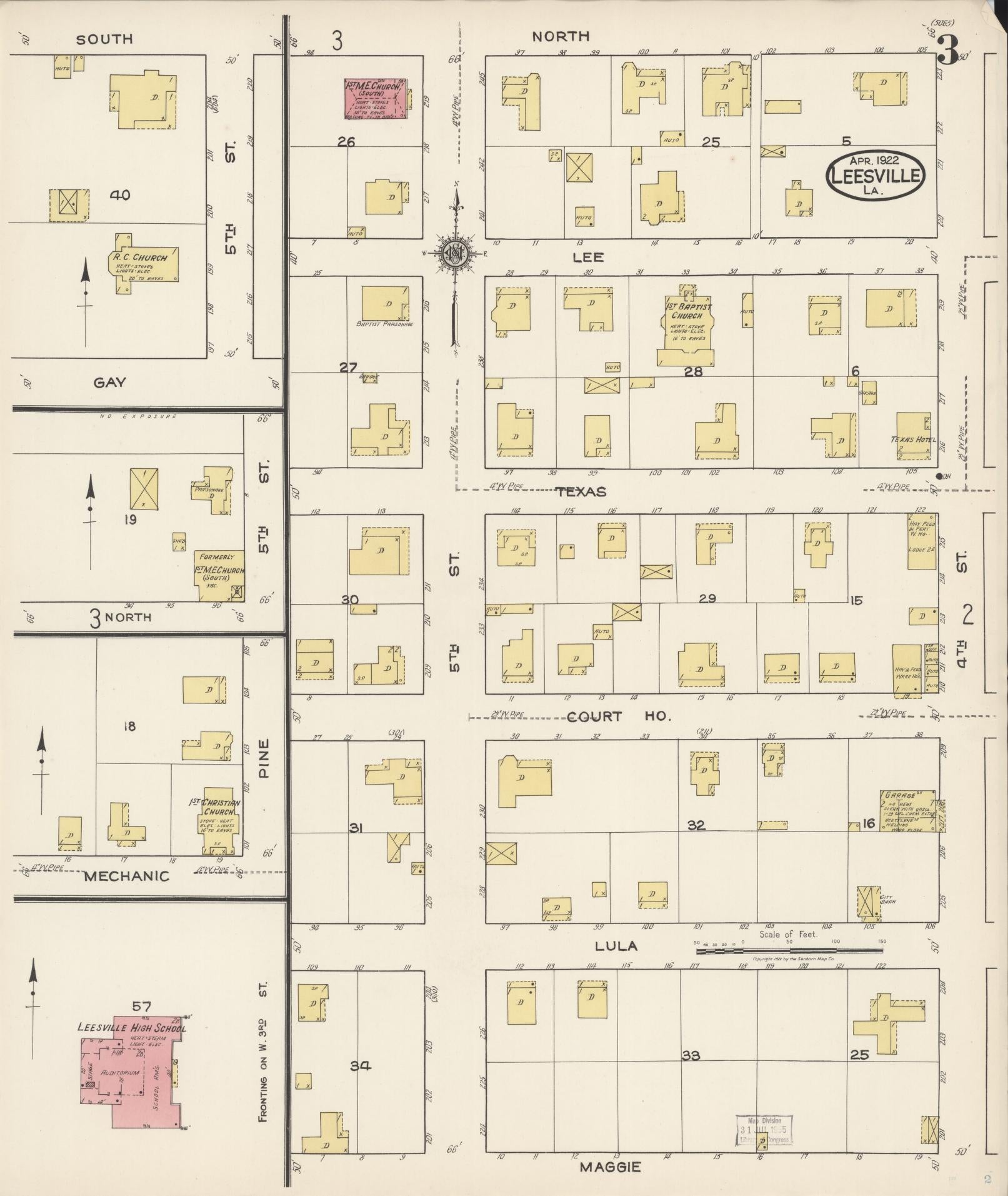 Sanborn Fire Insurance Map from Leesville, Vernon Parish, Louisiana (1922), Sheet #0003 - Historic Sanborn Fire Insurance Map Print, vintage old map wall art, antique decor, genealogy gift, Louisiana Louisiana map