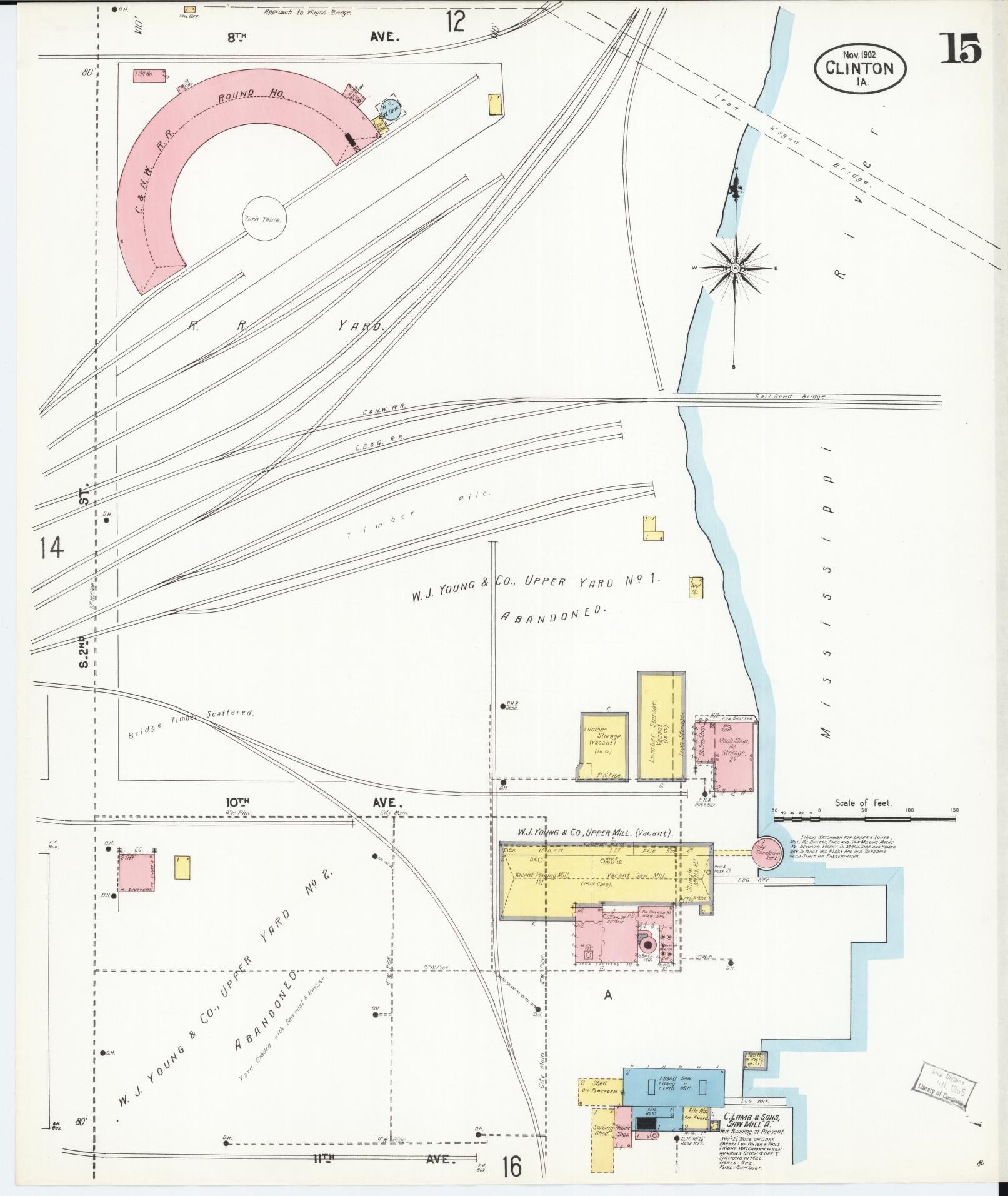 Sanborn Fire Insurance Map from Clinton, Clinton County, Iowa (1902), Sheet #0015 - Historic Sanborn Fire Insurance Map Print, vintage old map wall art