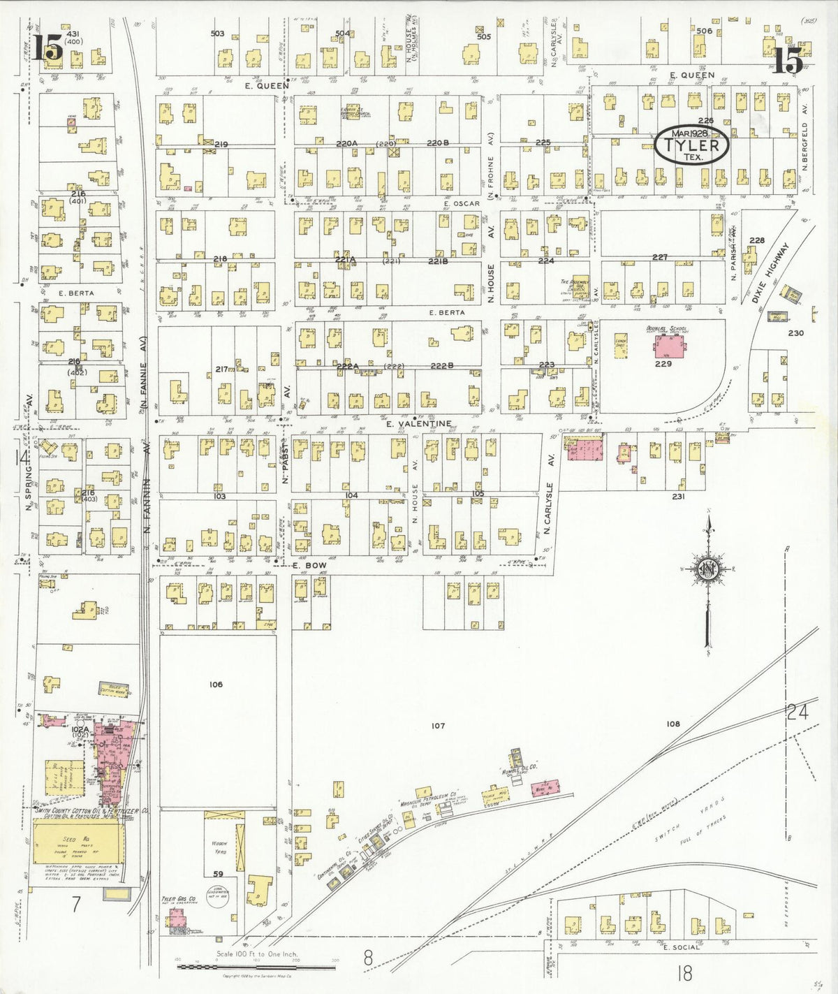 Sanborn Fire Insurance Map from Tyler, Smith County, Texas (1928), Sheet #0015 - Historic Sanborn Fire Insurance Map Print, vintage old map wall art, antique decor, genealogy gift, Texas Texas map