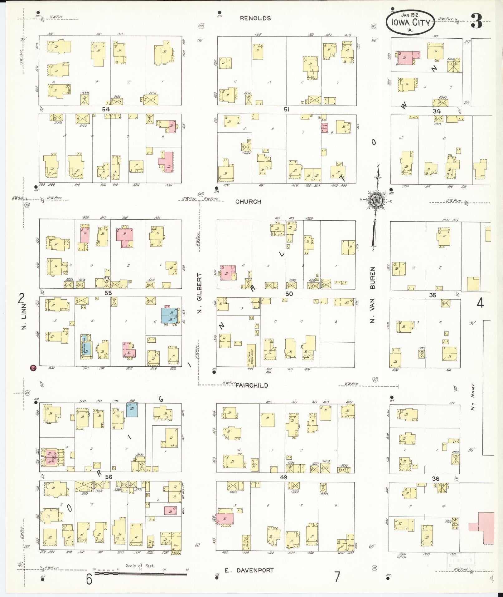 Sanborn Fire Insurance Map from Iowa City, Johnson County, Iowa (1912), Sheet #0003 - Historic Sanborn Fire Insurance Map Print, vintage old map wall art