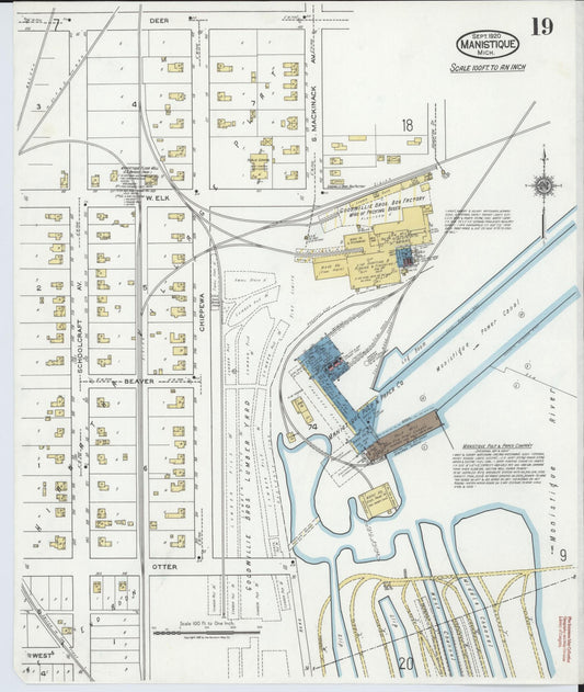 Sanborn Fire Insurance Map from Manistique, Schoolcraft County, Michigan (1920), Sheet #0019 - Historic Sanborn Fire Insurance Map Print, vintage old map wall art, antique decor, genealogy gift, Michigan Michigan map