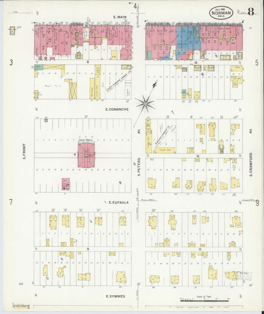 Sanborn Fire Insurance Map from Norman, Cleveland County, Oklahoma (1908), Sheet #0008 - Historic Sanborn Fire Insurance Map Print, vintage old map wall art, antique decor, genealogy gift, Oklahoma Oklahoma map