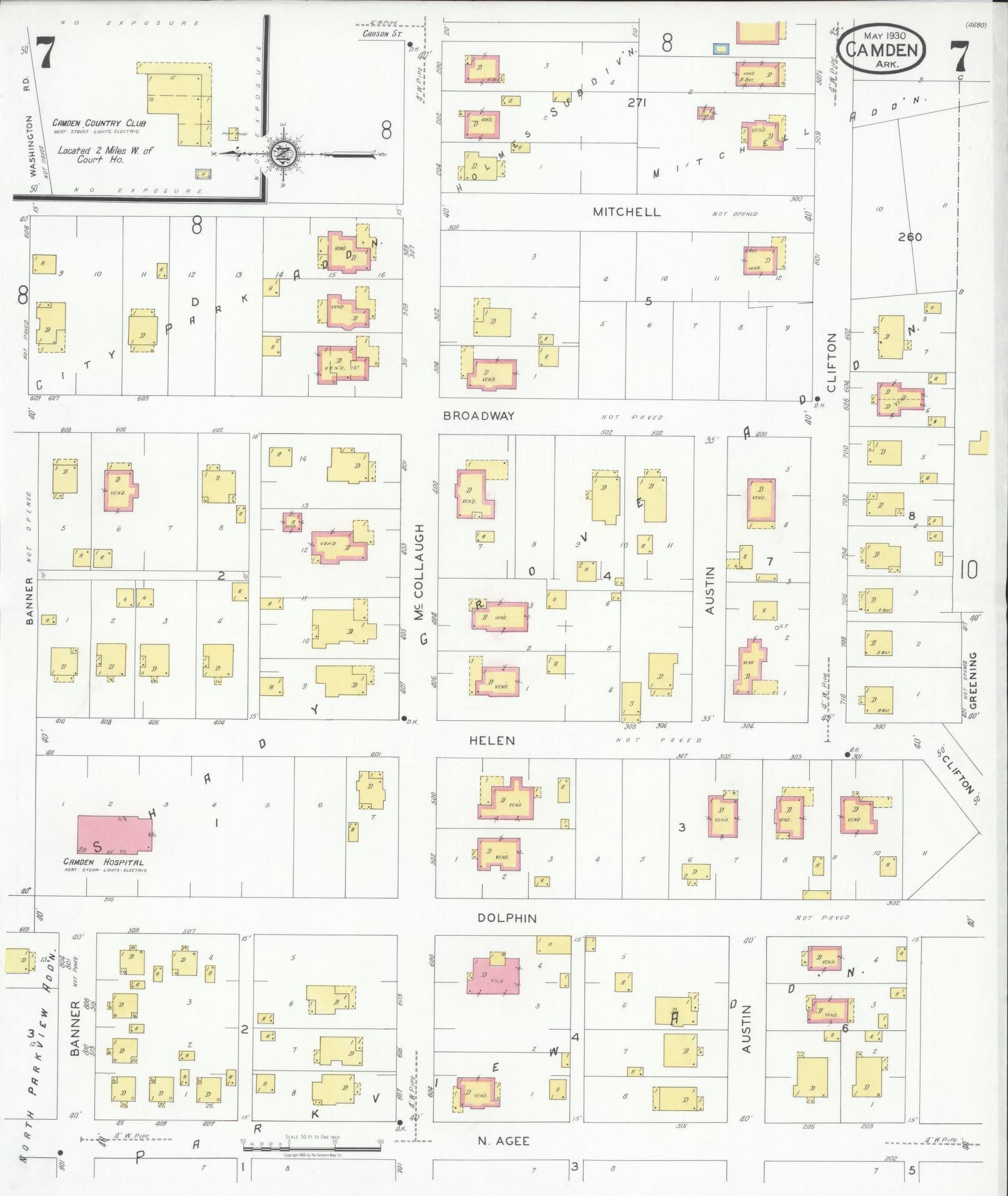 Sanborn Fire Insurance Map from Camden, Ouachita County, Arkansas (1930), Sheet #0007 - Historic Sanborn Fire Insurance Map Print, vintage old map wall art, antique decor, genealogy gift, Arkansas Arkansas map