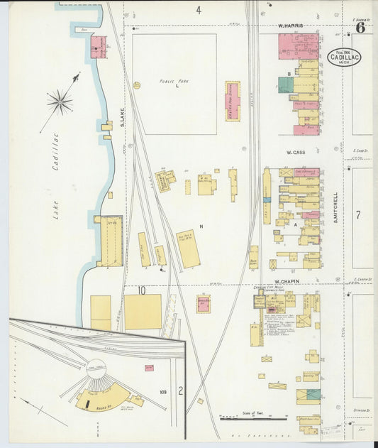 Sanborn Fire Insurance Map from Cadillac, Wexford County, Michigan (1906), Sheet #0006 - Historic Sanborn Fire Insurance Map Print, vintage old map wall art, antique decor, genealogy gift, Michigan Michigan map