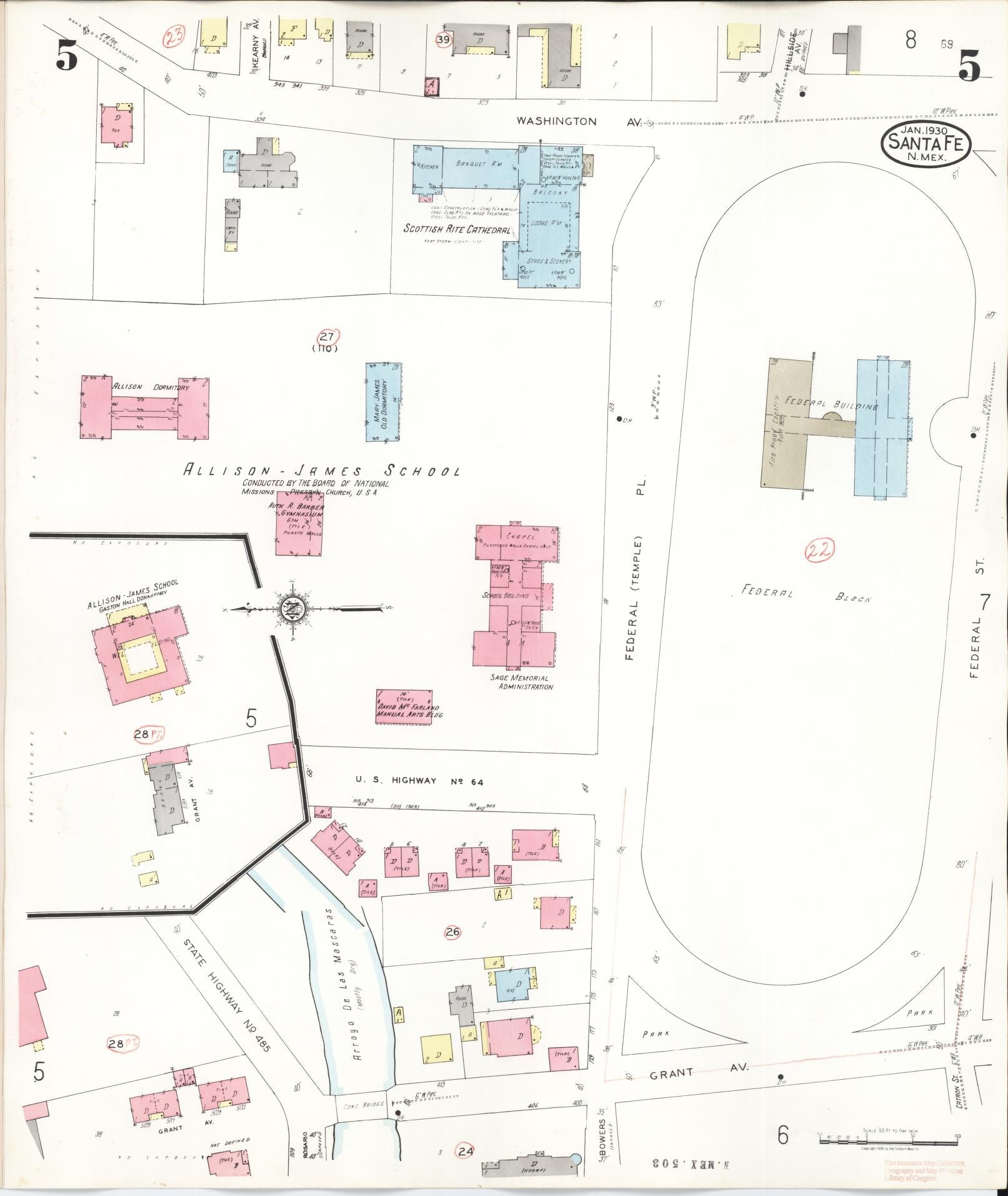 Sanborn Fire Insurance Map from Santa Fe, Santa Fe County, New Mexico (1948), Sheet #0005 - Historic Sanborn Fire Insurance Map Print, vintage old map wall art, antique decor, genealogy gift, New Mexico New Mexico map