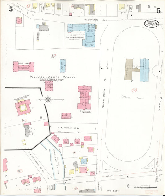 Sanborn Fire Insurance Map from Santa Fe, Santa Fe County, New Mexico (1948), Sheet #0005 - Historic Sanborn Fire Insurance Map Print, vintage old map wall art, antique decor, genealogy gift, New Mexico New Mexico map