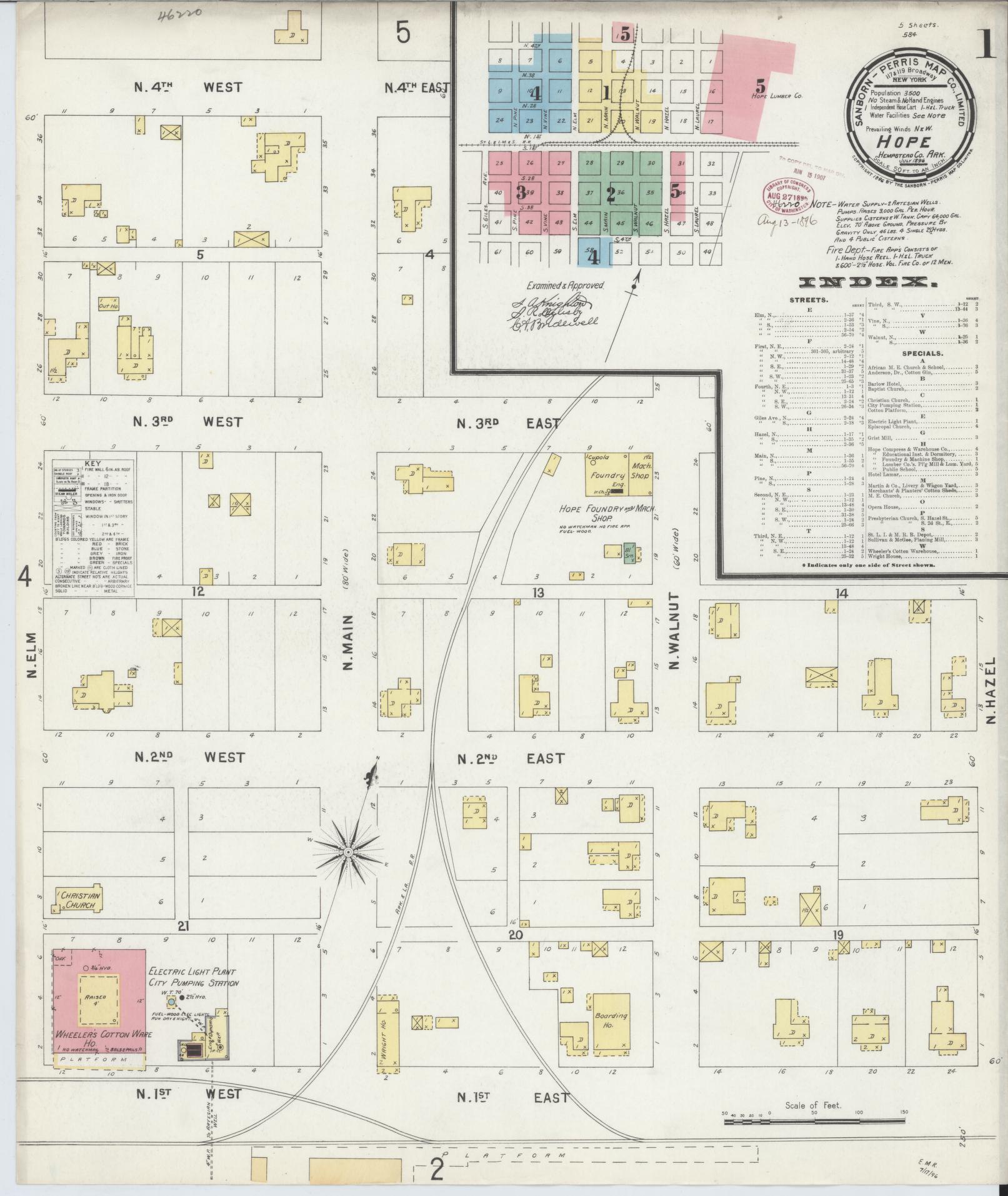Sanborn Fire Insurance Map from Hope, Hempstead County, Arkansas (1896), Sheet #0001 - Historic Sanborn Fire Insurance Map Print, vintage old map wall art, antique decor, genealogy gift, Arkansas Arkansas map