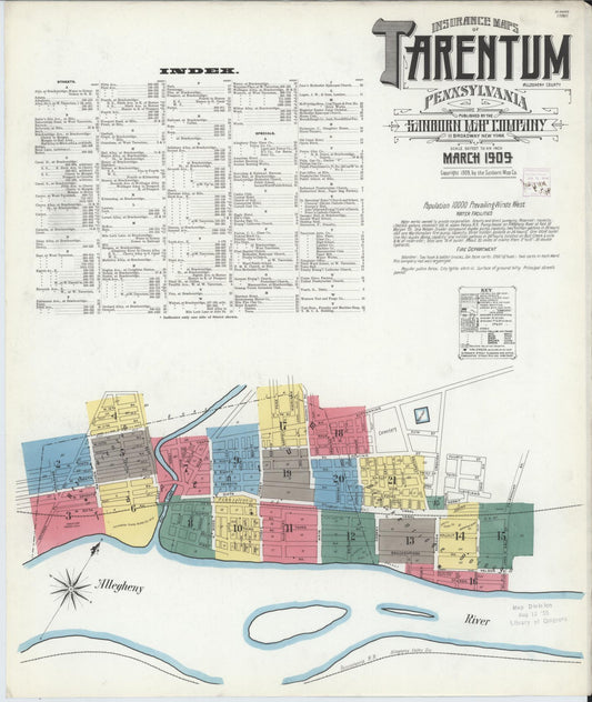Sanborn Fire Insurance Map from Tarentum, Allegheny County, Pennsylvania (1909), Sheet #0001 - Historic Sanborn Fire Insurance Map Print, vintage old map wall art, antique decor, genealogy gift, Pennsylvania Pennsylvania map