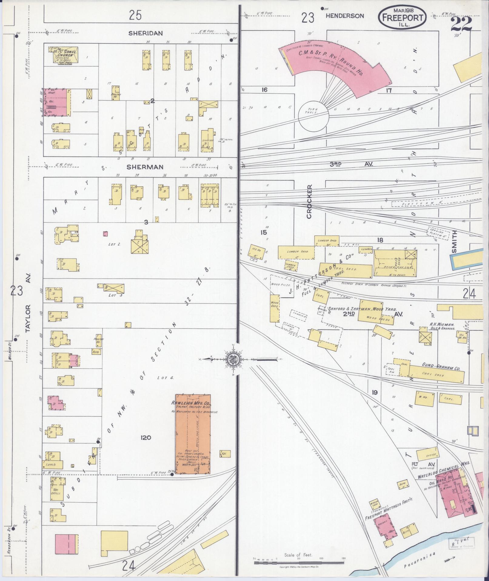 Sanborn Fire Insurance Map from Freeport, Stephenson County, Illinois (1918), Sheet #0022 - Historic Sanborn Fire Insurance Map Print, vintage old map wall art, antique decor, genealogy gift, Illinois Illinois map