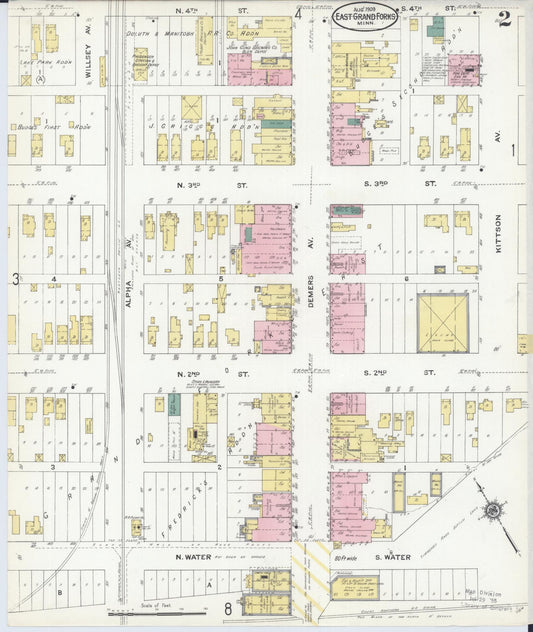 Sanborn Fire Insurance Map from East Grand Forks, Polk County, Minnesota (1909), Sheet #0002 - Historic Sanborn Fire Insurance Map Print, vintage old map wall art, antique decor, genealogy gift, Minnesota Minnesota map