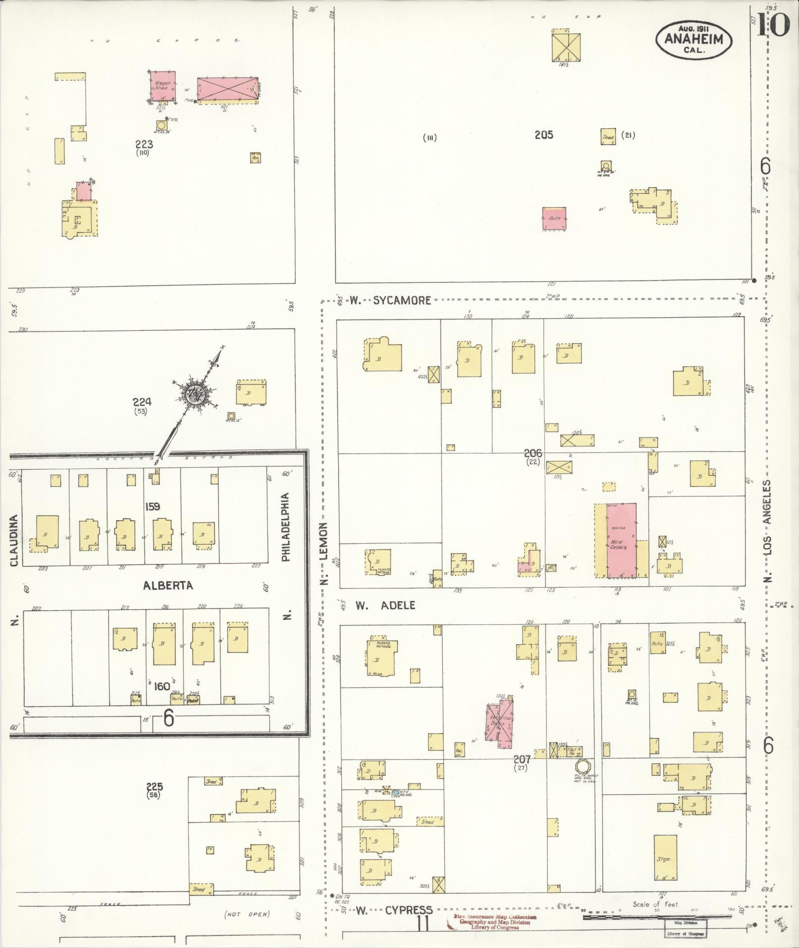 Sanborn Fire Insurance Map from Anaheim, Orange County, California (1911), Sheet #0010 - Historic Sanborn Fire Insurance Map Print, vintage old map wall art, antique decor, genealogy gift, California California map