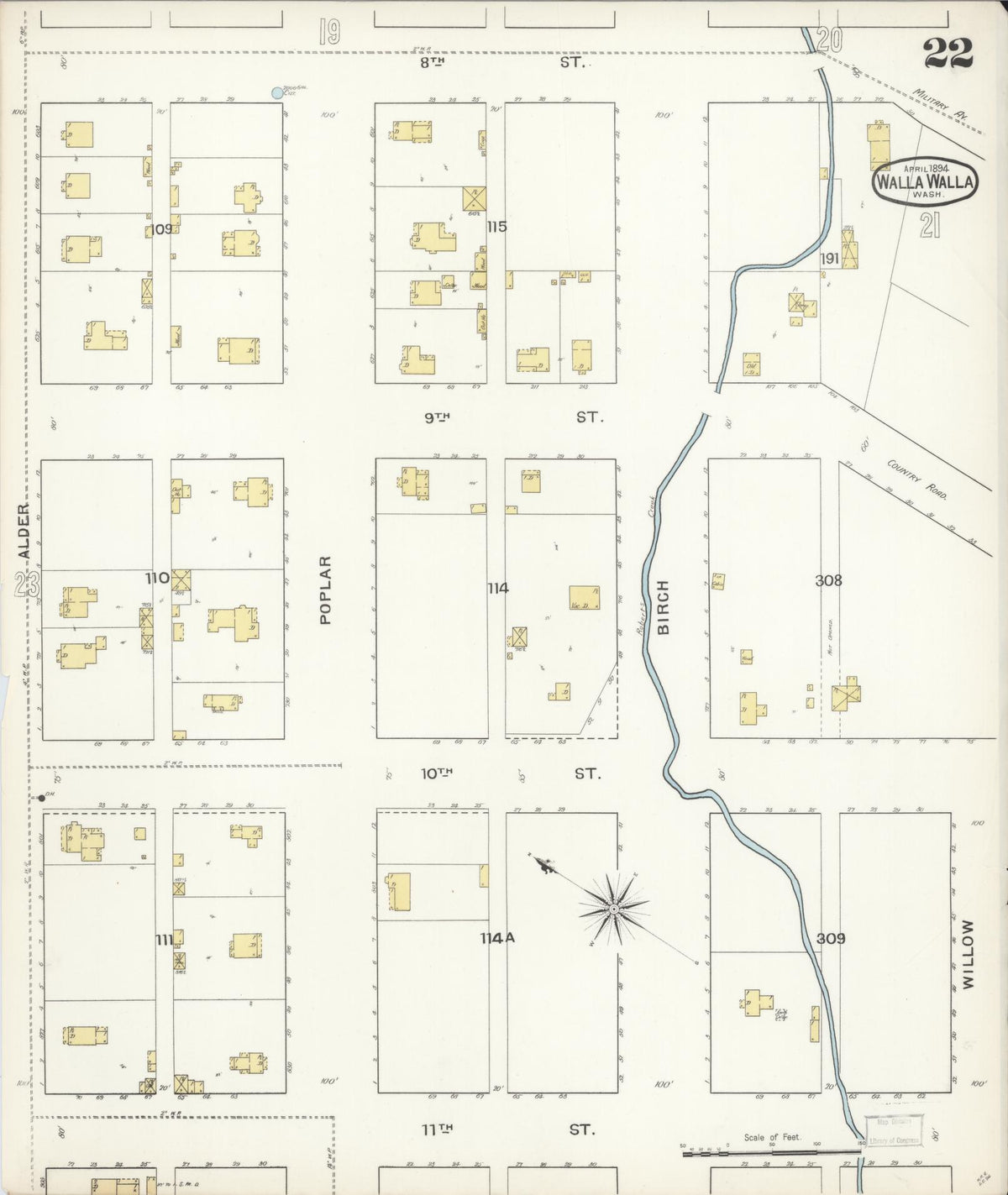 Sanborn Fire Insurance Map from Walla Walla, Walla Walla County, Washington (1894), Sheet #0022 - Historic Sanborn Fire Insurance Map Print, vintage old map wall art, antique decor, genealogy gift, Washington Washington map