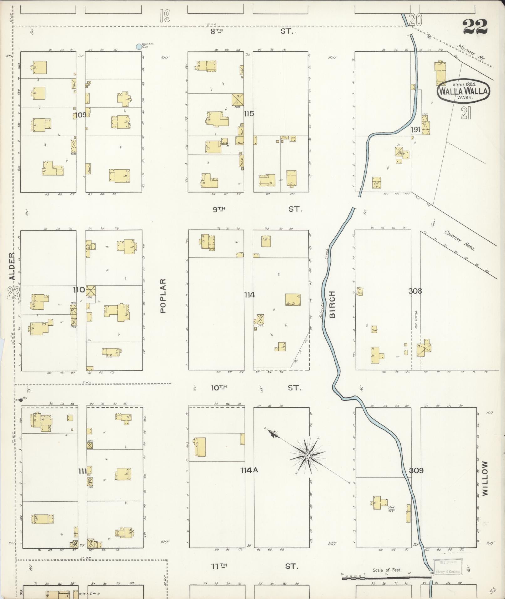 Sanborn Fire Insurance Map from Walla Walla, Walla Walla County, Washington (1894), Sheet #0022 - Historic Sanborn Fire Insurance Map Print, vintage old map wall art, antique decor, genealogy gift, Washington Washington map