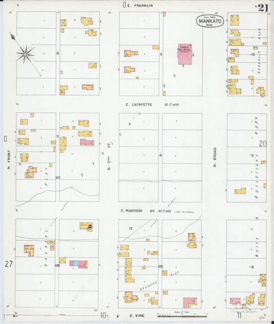 Sanborn Fire Insurance Map from Mankato, Blue Earth County, Minnesota (1900), Sheet #0021 - Historic Sanborn Fire Insurance Map Print, vintage old map wall art, antique decor, genealogy gift, Minnesota Minnesota map