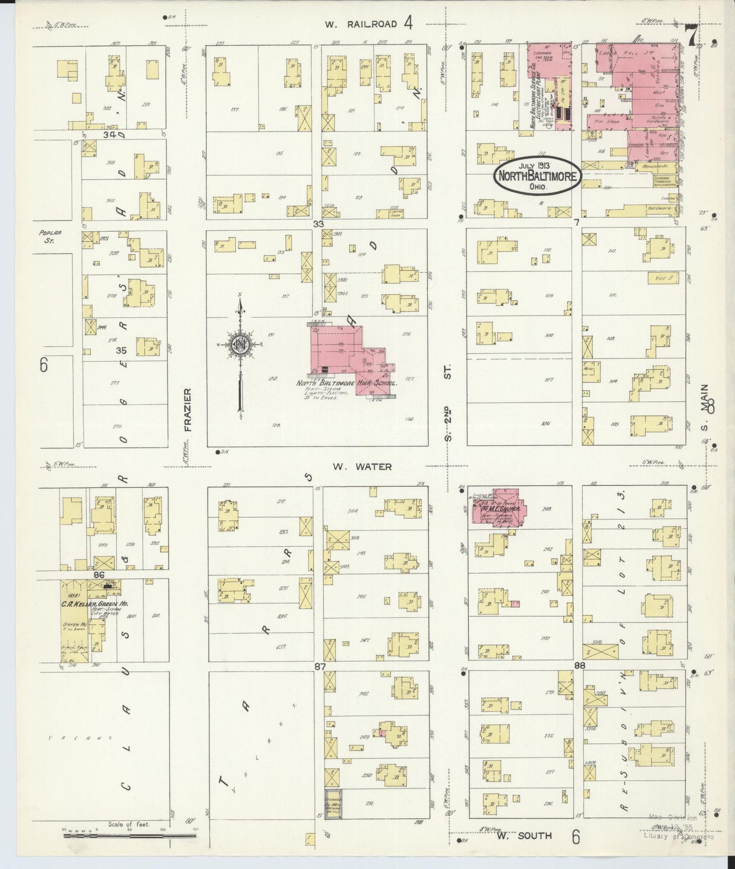 Sanborn Fire Insurance Map from North Baltimore, Wood County, Ohio (1913), Sheet #0007 - Complete Map Set gallery image, historic Sanborn map, vintage wall art, Ohio Ohio