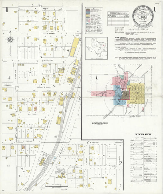 Sanborn Fire Insurance Map from Troup, Smith County, Texas (1934), Sheet #0001 - Historic Sanborn Fire Insurance Map Print, vintage old map wall art, antique decor, genealogy gift, Texas Texas map