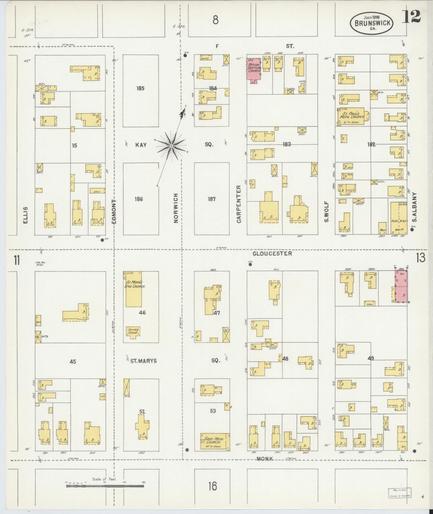 Sanborn Fire Insurance Map from Brunswick, Glynn County, Georgia (1898), Sheet #0012 - Complete Map Set gallery image, historic Sanborn map, vintage wall art, Georgia Georgia