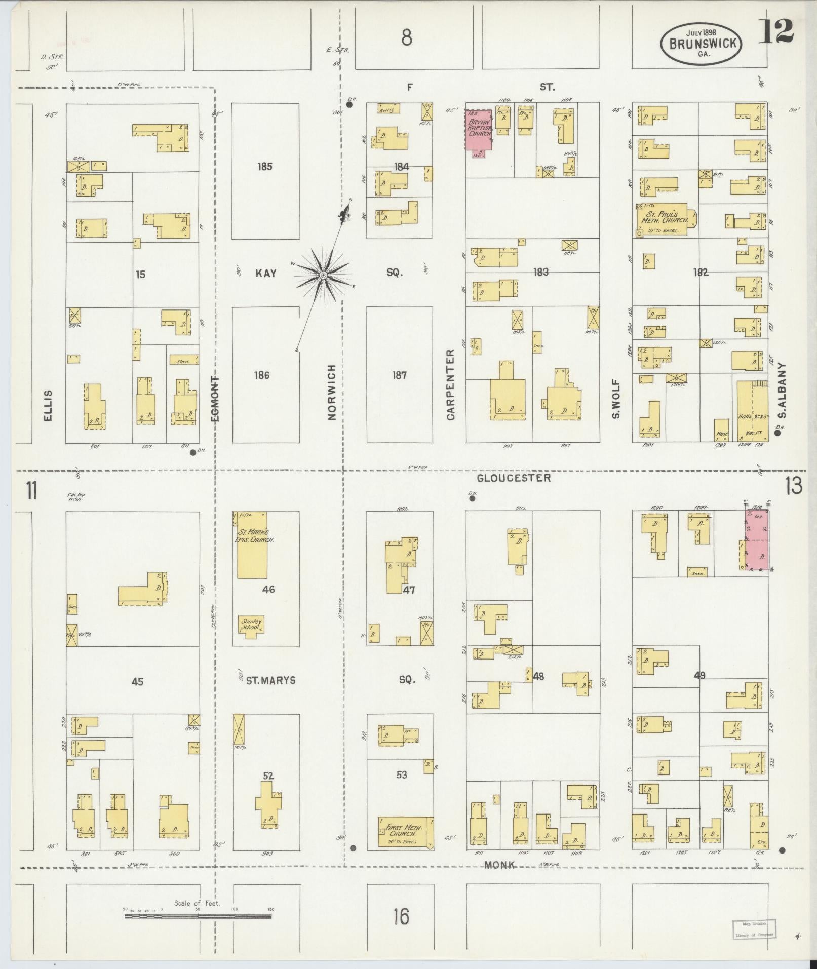 Sanborn Fire Insurance Map from Brunswick, Glynn County, Georgia (1898), Sheet #0012 - Complete Map Set gallery image, historic Sanborn map, vintage wall art, Georgia Georgia