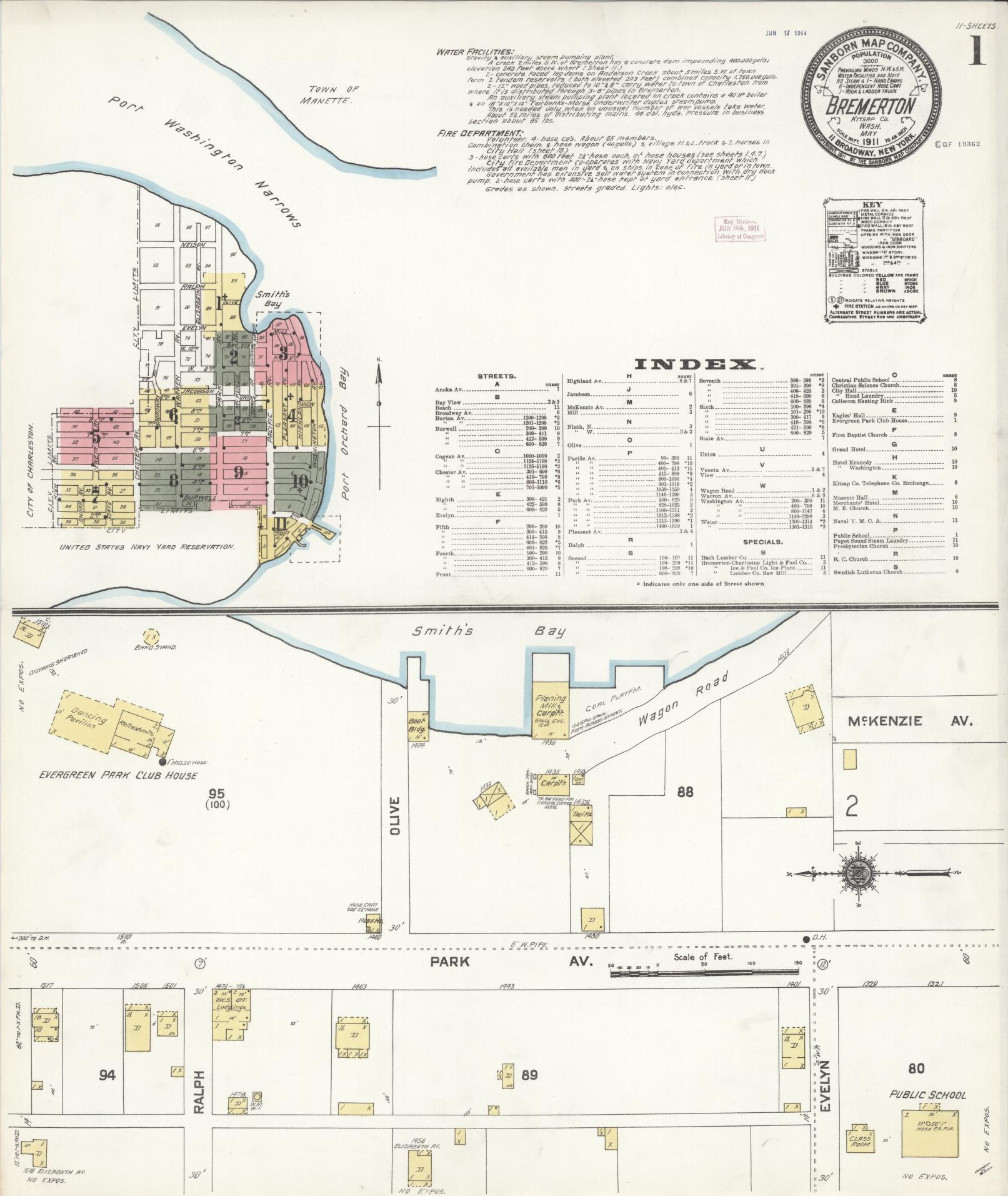Sanborn Fire Insurance Map from Bremerton, Kitsap County, Washington (1911), Sheet #0001 - Complete Map Set gallery image, historic Sanborn map, vintage wall art, Washington Washington