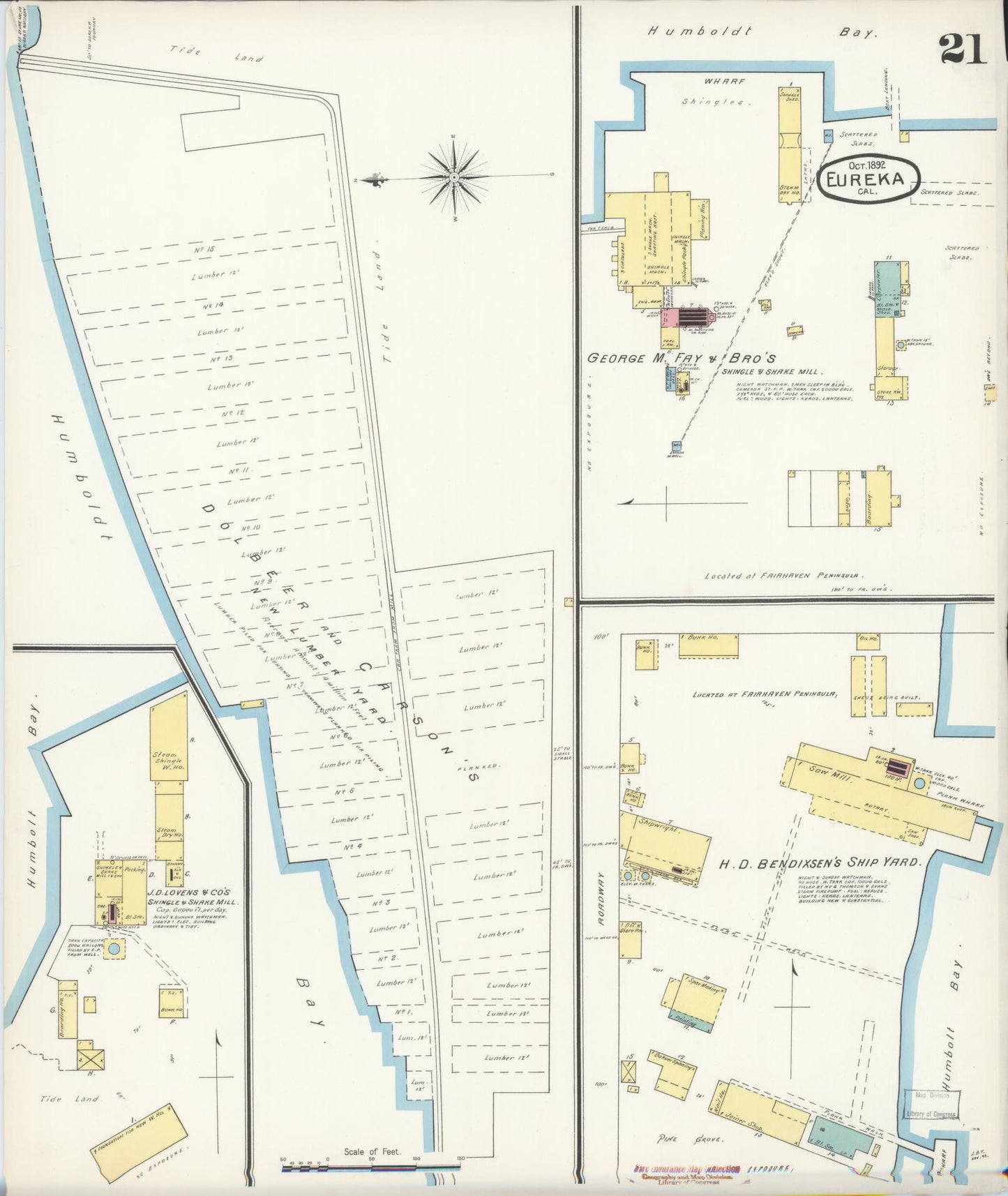 Sanborn Fire Insurance Map from Eureka, Humboldt County, California (1892), Sheet #0021 - Historic Sanborn Fire Insurance Map Print, vintage old map wall art, antique decor, genealogy gift, California California map
