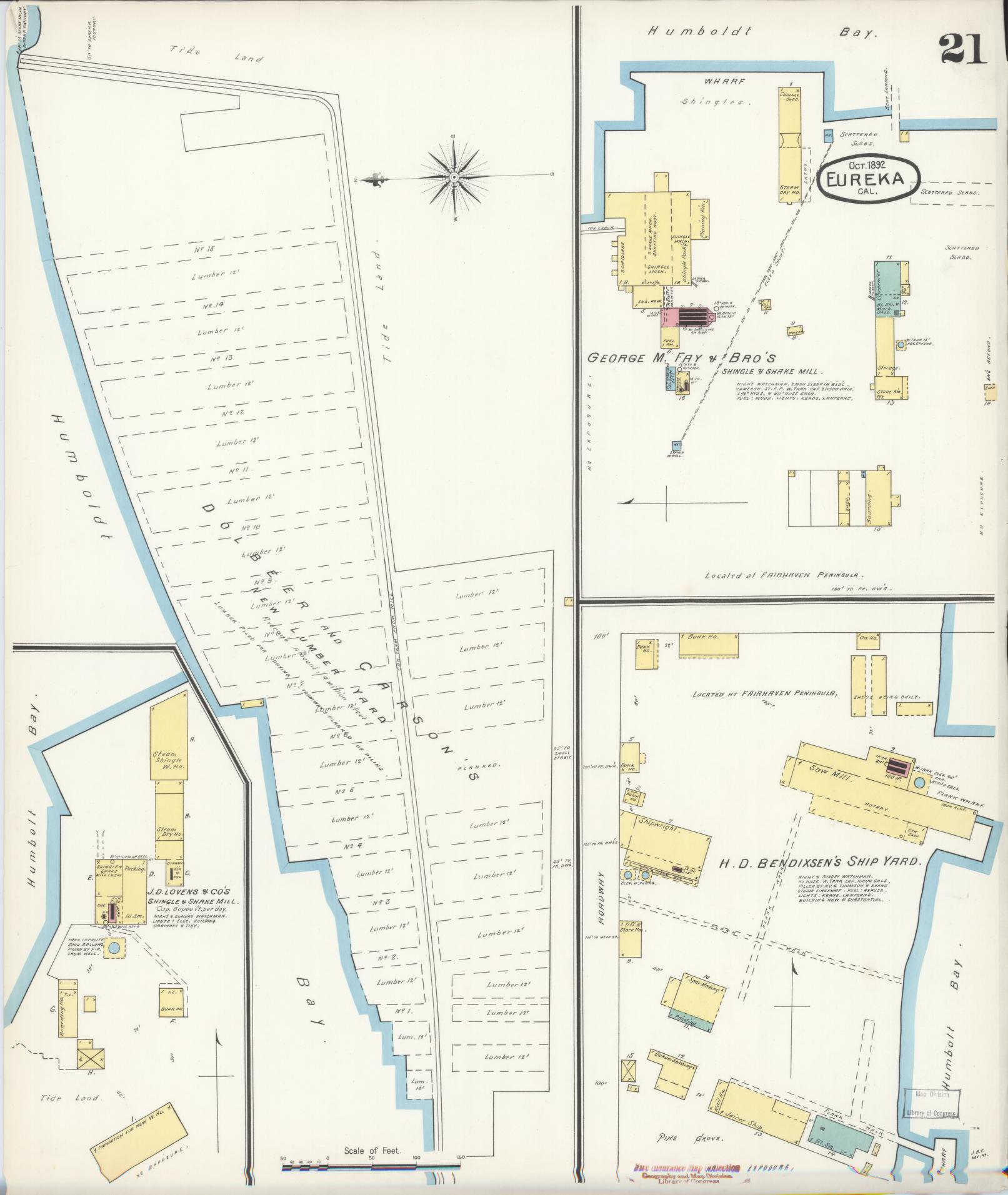 Sanborn Fire Insurance Map from Eureka, Humboldt County, California (1892), Sheet #0021 - Historic Sanborn Fire Insurance Map Print, vintage old map wall art, antique decor, genealogy gift, California California map